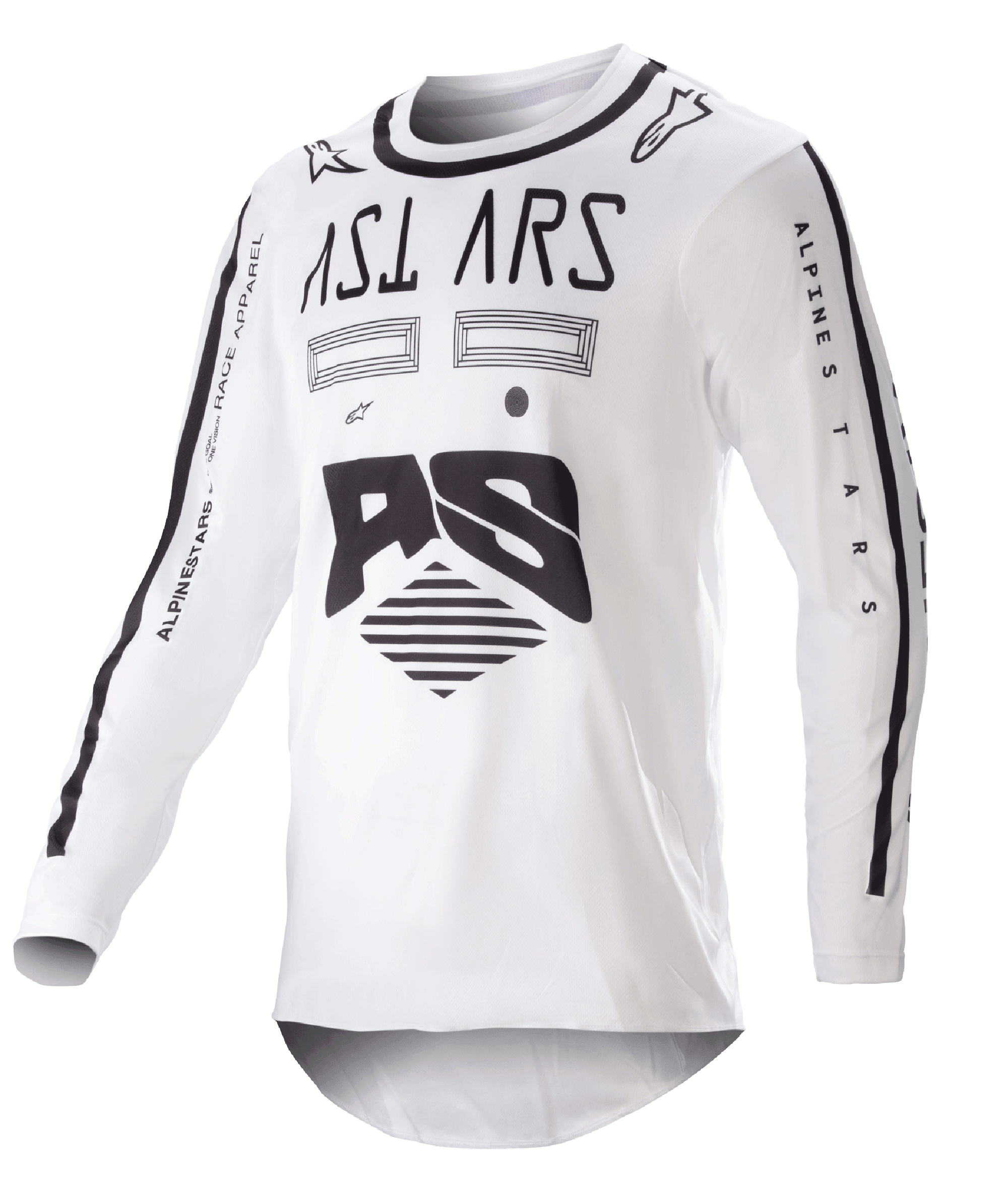 Alpinestars 2023 Racer Found Jersey, motorcross jersey, wit met zwart, opvallende zwarte graphics en branding op de borst en mouwen, lichtgewicht performance-stof met een zwarte kraag, off-road racekleding