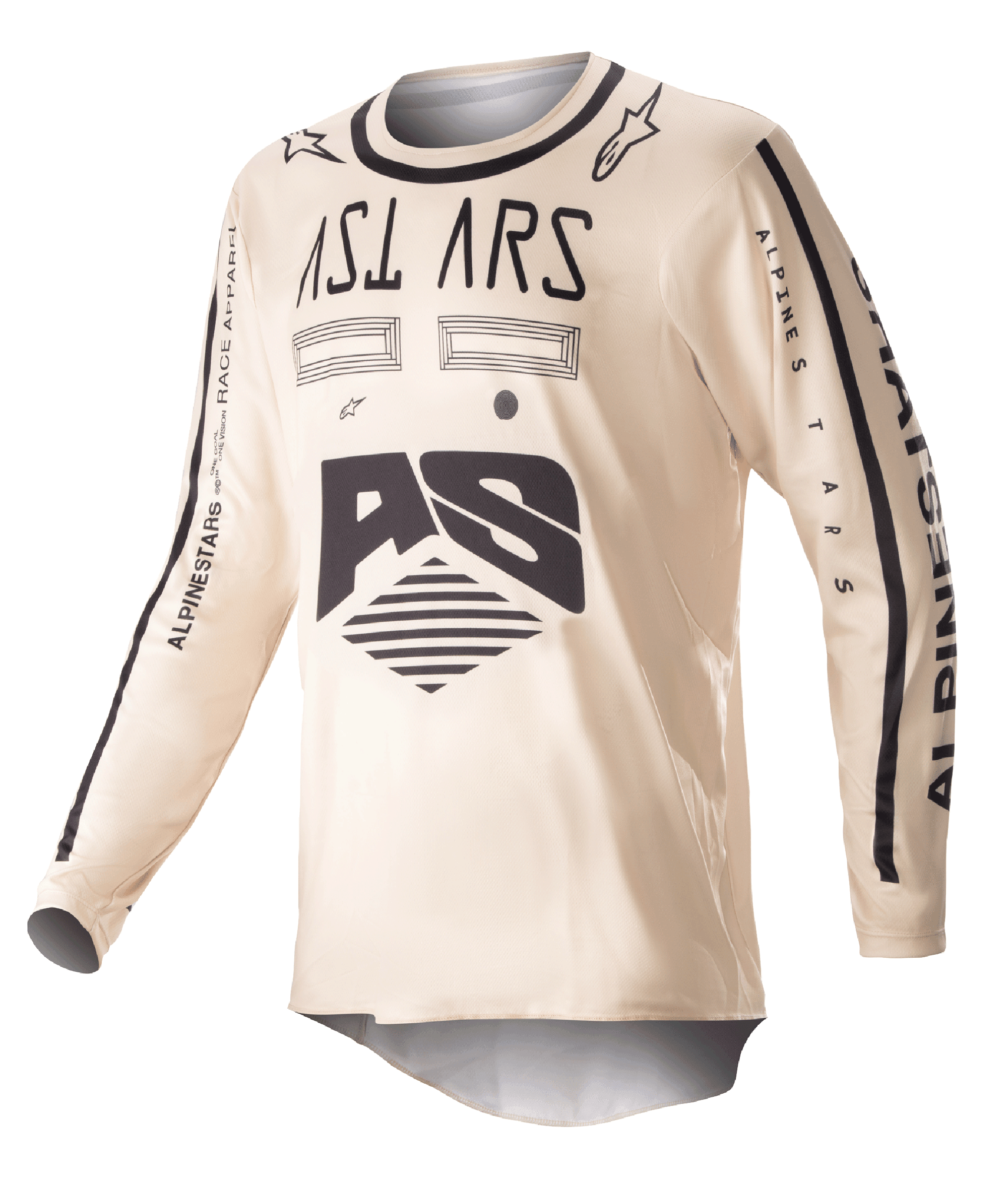 Alpinestars 2023 Racer Found Jersey, motocross shirt, beige met zwarte graphics, off-road performance-kleding met lange mouwen, voorzien van AS-logo en branding op de mouwen