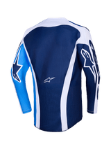 Alpinestars 2026 Racer Air Portl Jersey, Back view, Ucla Blue and White, dark blue mesh body with white curved accents, bright blue left sleeve with a dark blue star logo, dark blue right sleeve with white star logo, breathable motocross performance jersey