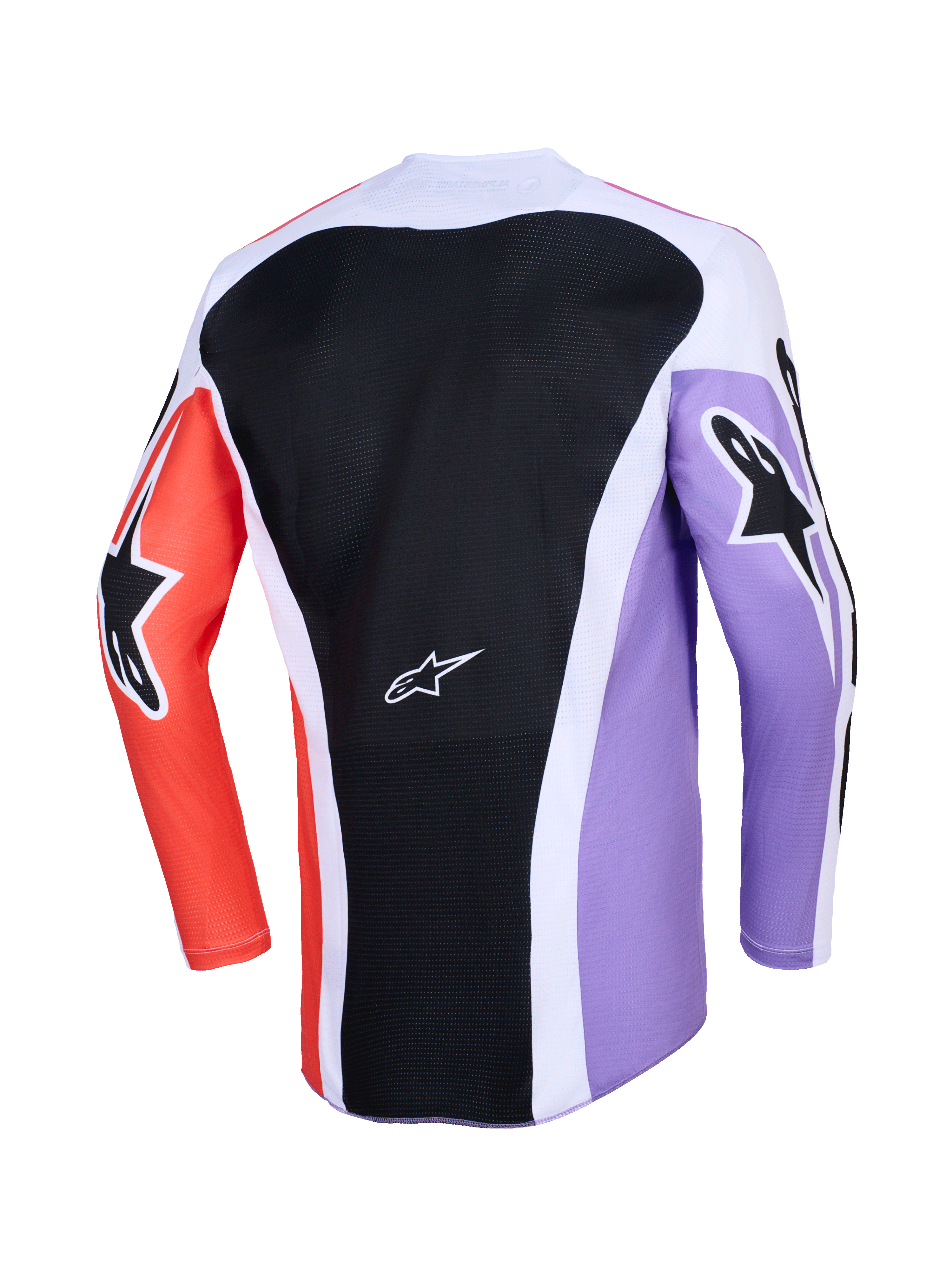 Alpinestars 2026 Racer Air Portl Jersey, achteraanzicht van motorcrossjersey met lange mouwen, meerkleurig ontwerp met een zwart mesh rugpaneel, paarse en oranje mouwen met zwarte ster-logo's, witte accenten en ademende constructie voor off-road rijden.