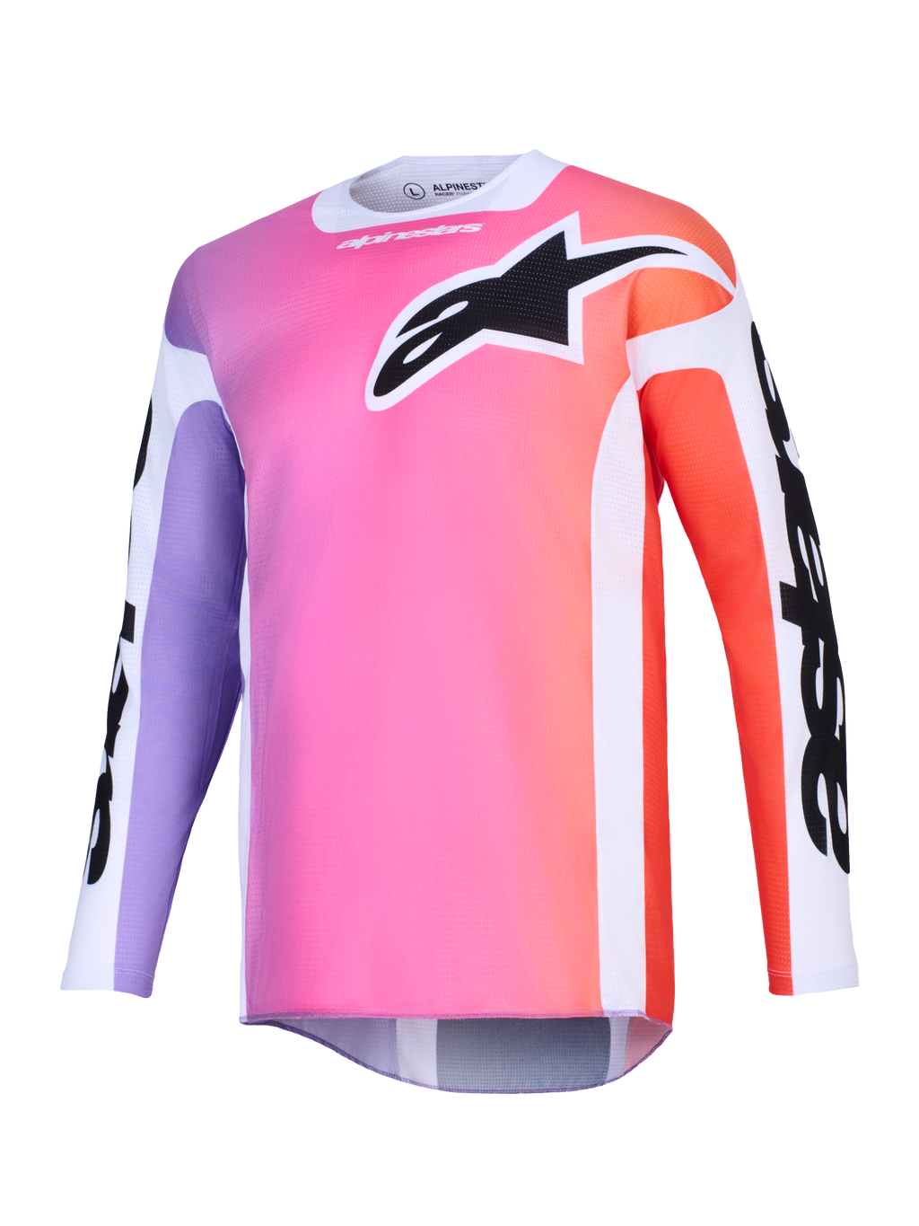 Alpinestars 2026 Racer Air Portl Jersey, motorcross shirt, multicolor kleurverloop met roze, paars en oranje, groot zwart Astars-logo op de borst, witte zijpanelen, ademende mesh stof met lange mouwen en een verlengde achterkant.
