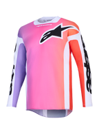 Alpinestars 2026 Racer Air Portl Jersey, motorcross shirt, multicolor kleurverloop met roze, paars en oranje, groot zwart Astars-logo op de borst, witte zijpanelen, ademende mesh stof met lange mouwen en een verlengde achterkant.