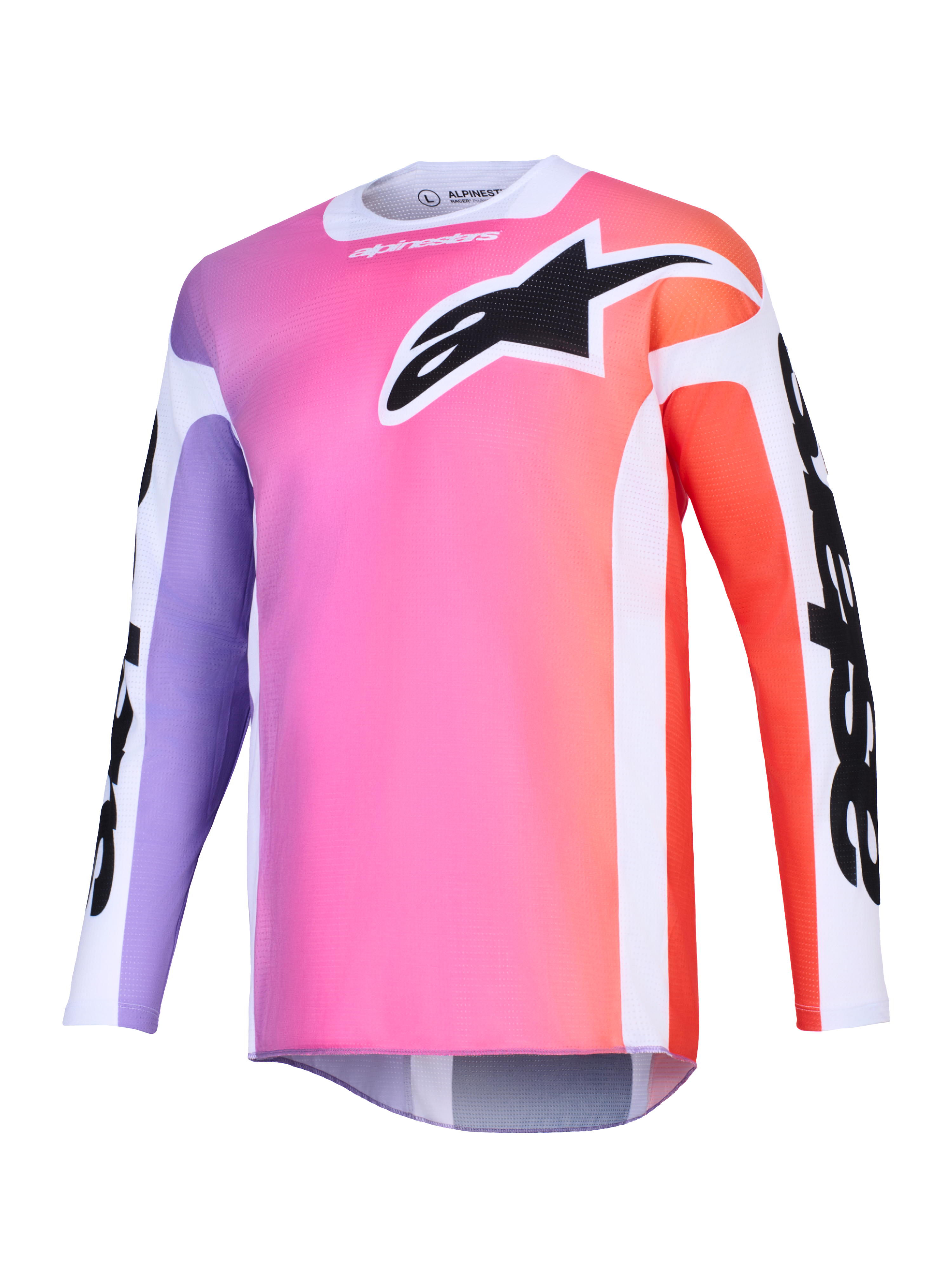 Alpinestars 2026 Racer Air Portl Jersey, motorcross shirt, multicolor kleurverloop met roze, paars en oranje, groot zwart Astars-logo op de borst, witte zijpanelen, ademende mesh stof met lange mouwen en een verlengde achterkant.