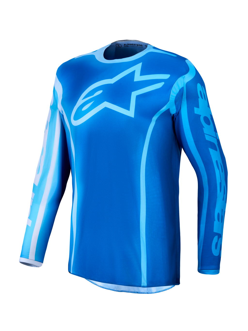 Alpinestars Fluid Kepler jersey 2027, blauwe MX-jersey met groot sterlogo, ademend en vochtafvoerend materiaal.