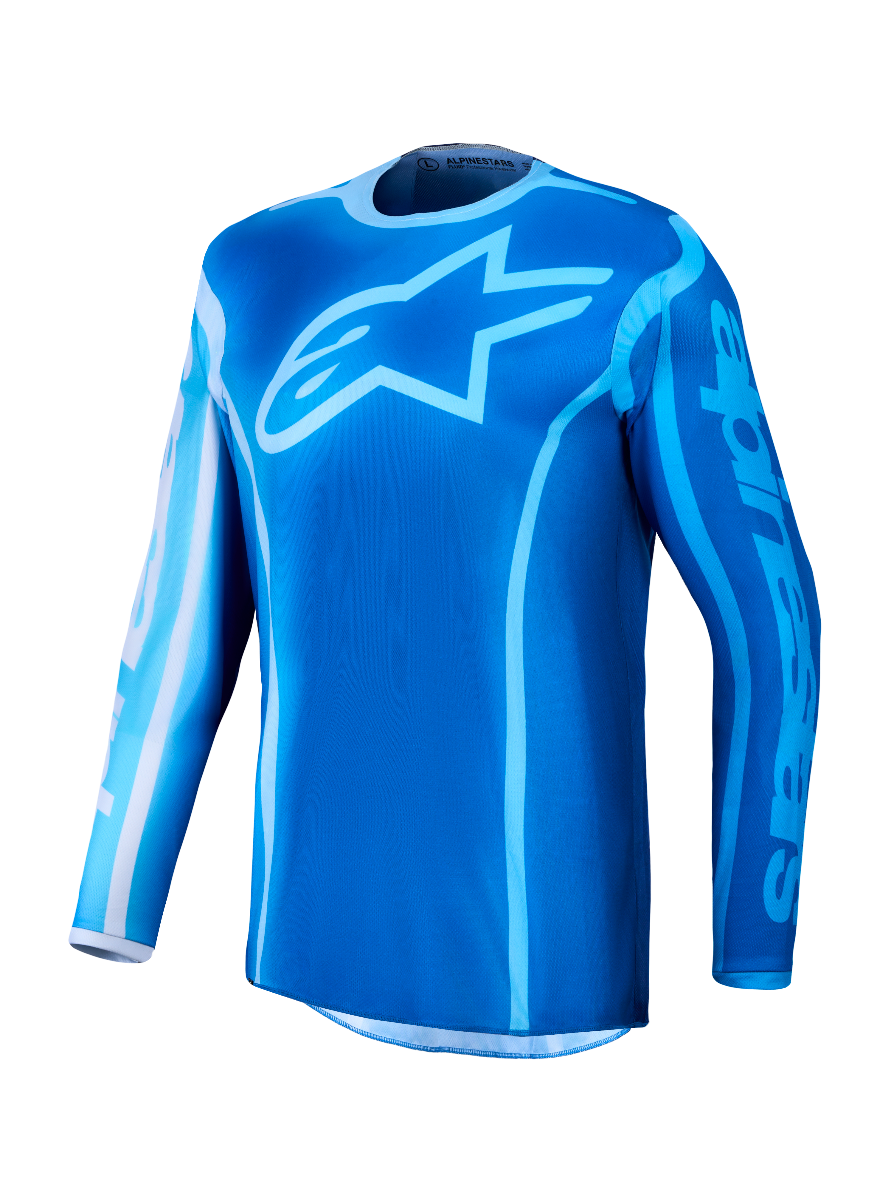 Alpinestars Fluid Kepler jersey 2027, blauwe MX-jersey met groot sterlogo, ademend en vochtafvoerend materiaal.