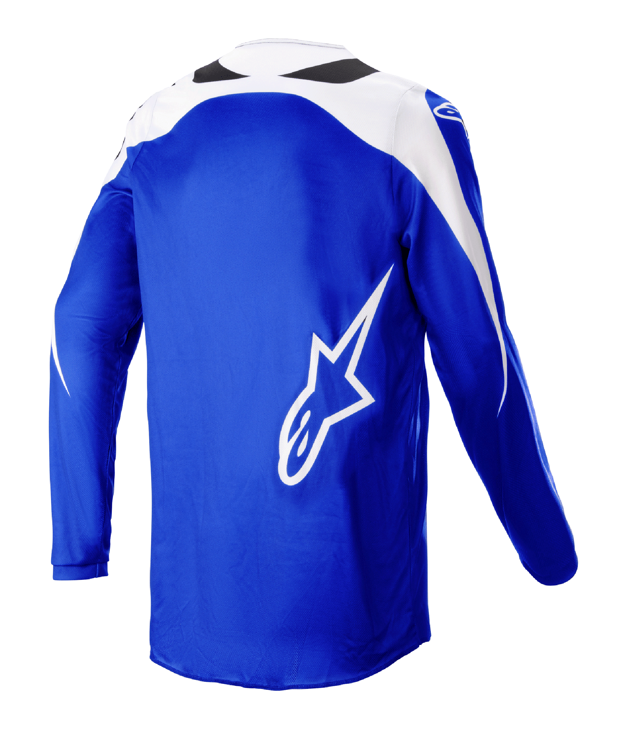 Alpinestars 2023 Fluid Narin Jersey, motocross shirt, Blue Ray White, achteraanzicht met groot wit A-star logo, witte schouderpanelen, ademende poly-stof voor off-road prestaties