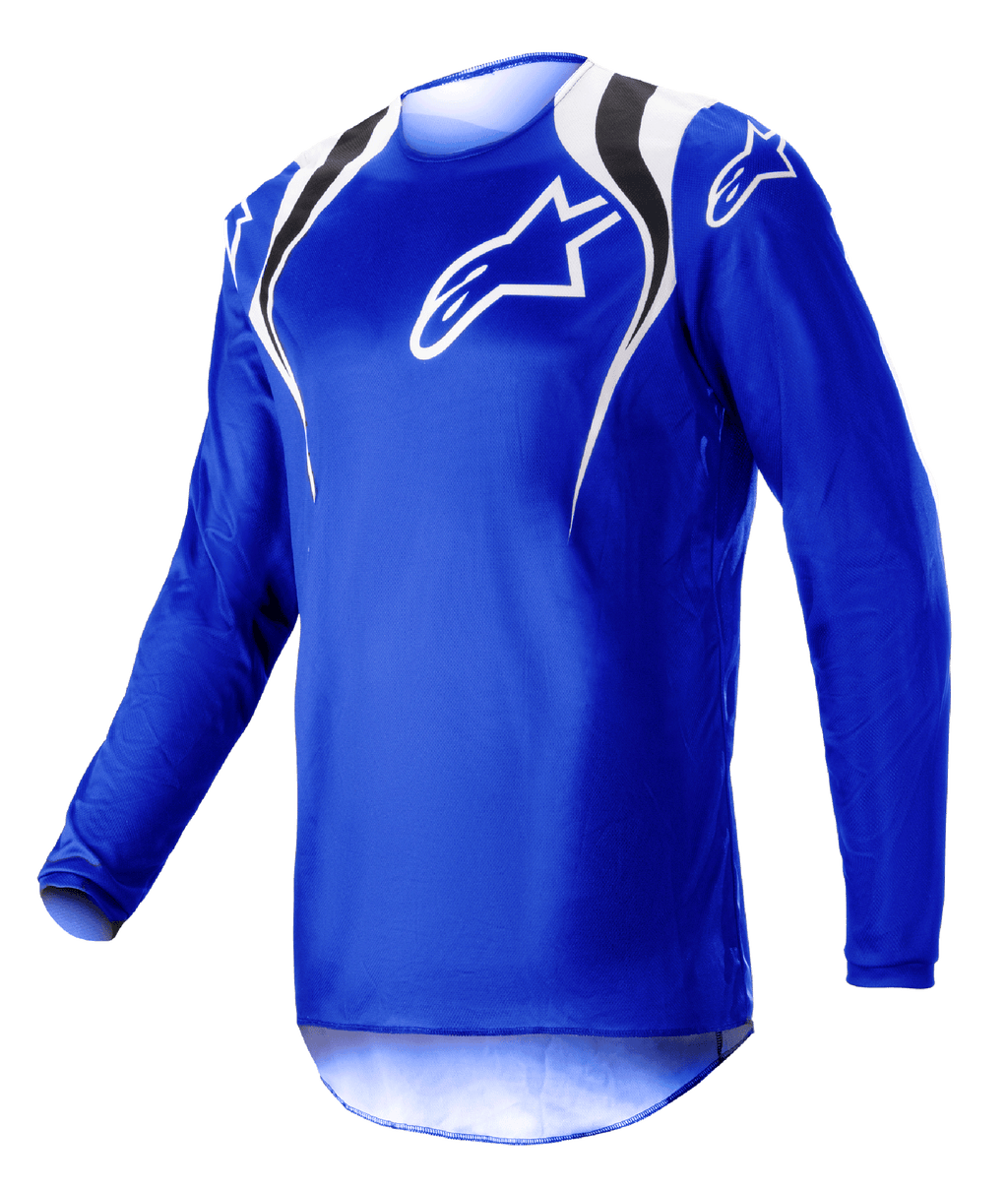 Alpinestars 2023 Fluid Narin Jersey, motorcrossshirt, Blue Ray White, met witte en zwarte schouderaccenten en een wit logo op de borst, lichtgewicht ontwerp met lange mouwen voor off-road racen