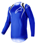Alpinestars 2023 Fluid Narin Jersey, motorcrossshirt, Blue Ray White, met witte en zwarte schouderaccenten en een wit logo op de borst, lichtgewicht ontwerp met lange mouwen voor off-road racen