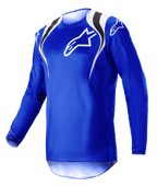 Alpinestars 2023 Fluid Narin Jersey, motorcrossshirt, Blue Ray White, met witte en zwarte schouderaccenten en een wit logo op de borst, lichtgewicht ontwerp met lange mouwen voor off-road racen