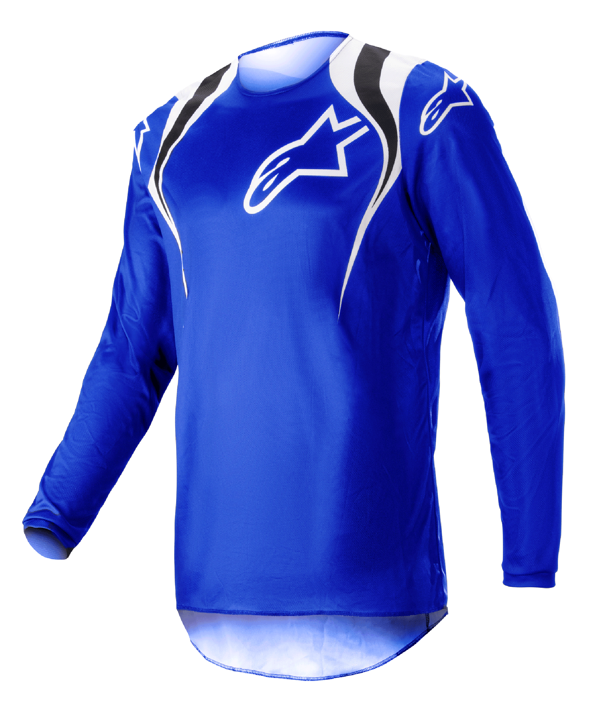 Alpinestars 2023 Fluid Narin Jersey, motorcrossshirt, Blue Ray White, met witte en zwarte schouderaccenten en een wit logo op de borst, lichtgewicht ontwerp met lange mouwen voor off-road racen