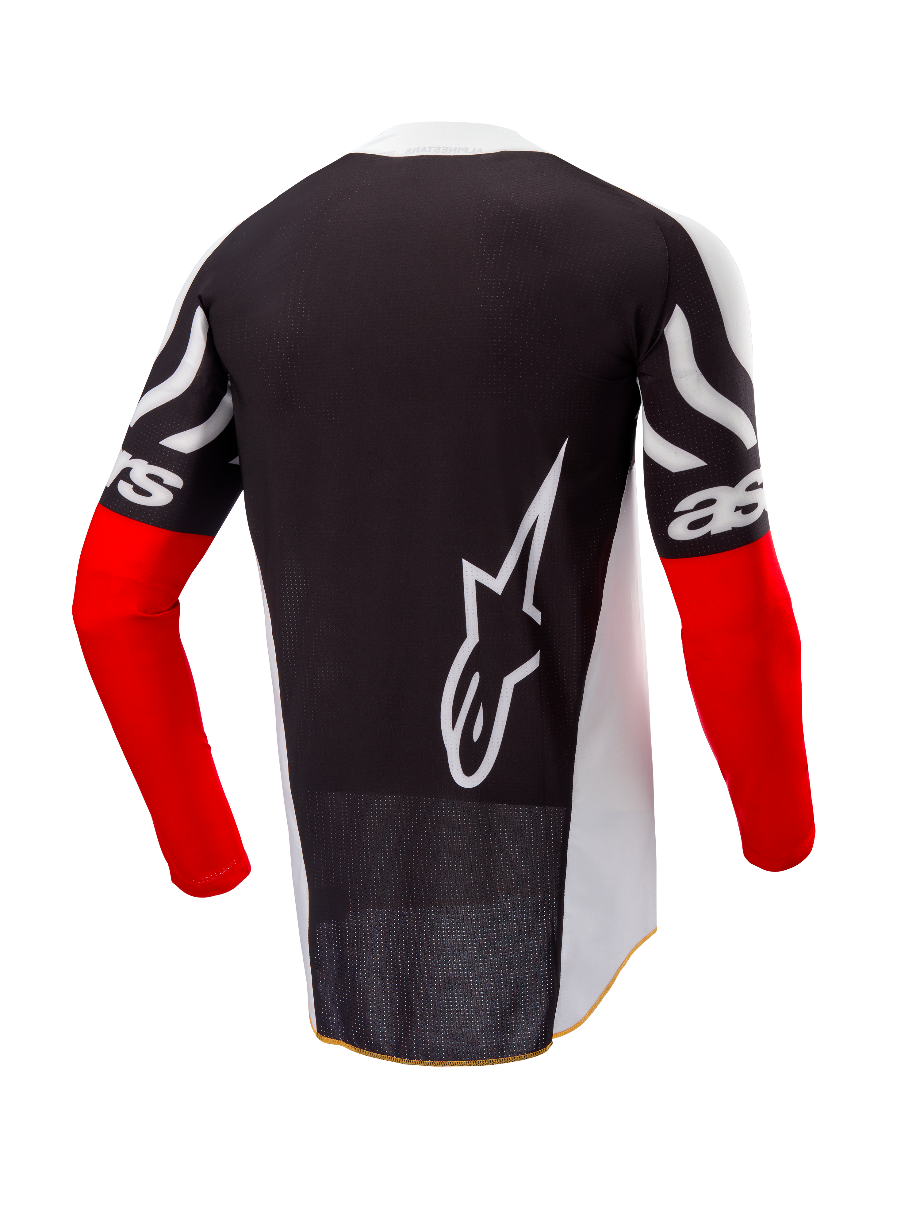 Alpinestars Limited Edition Techstar Deep Jersey, motocross shirt, achteraanzicht, zwart en wit met High Red mouwen, groot wit Alpinestars-logo op de rug, atletische race-pasvorm met geperforeerde poly-stof