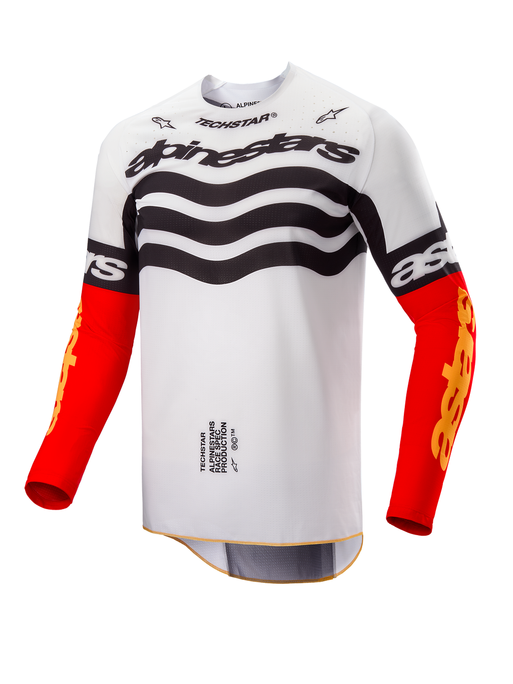 Alpinestars Limited Edition Techstar Deep Jersey, motocross shirt, wit en zwart ontwerp met golvende graphics op de borst, felrode mouwen met gele Astars-branding, hoogwaardige off-road racekleding