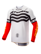Alpinestars Limited Edition Techstar Deep Jersey, motocross shirt, wit en zwart ontwerp met golvende graphics op de borst, felrode mouwen met gele Astars-branding, hoogwaardige off-road racekleding