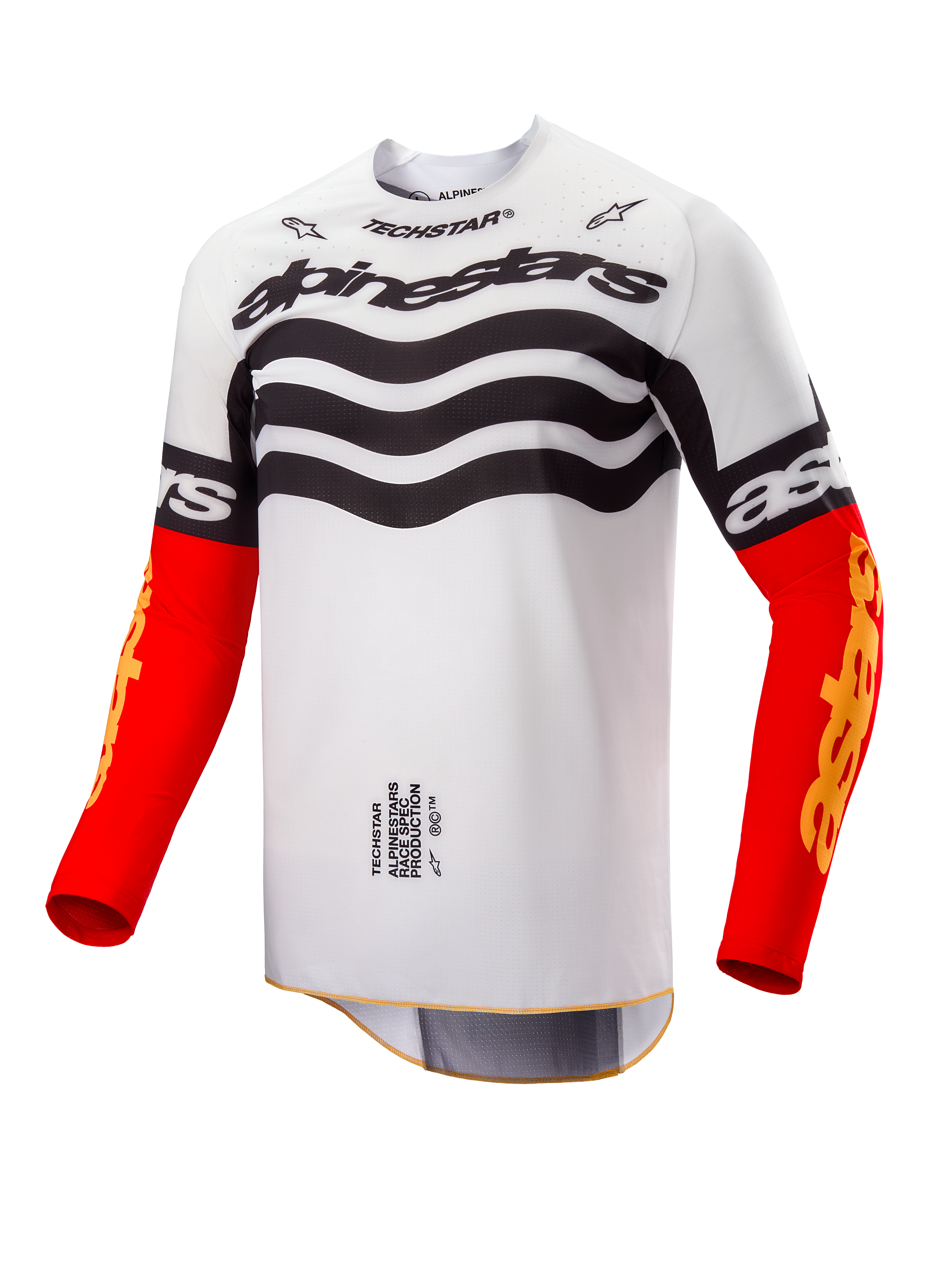 Alpinestars Limited Edition Techstar Deep Jersey, motocross shirt, wit en zwart ontwerp met golvende graphics op de borst, felrode mouwen met gele Astars-branding, hoogwaardige off-road racekleding