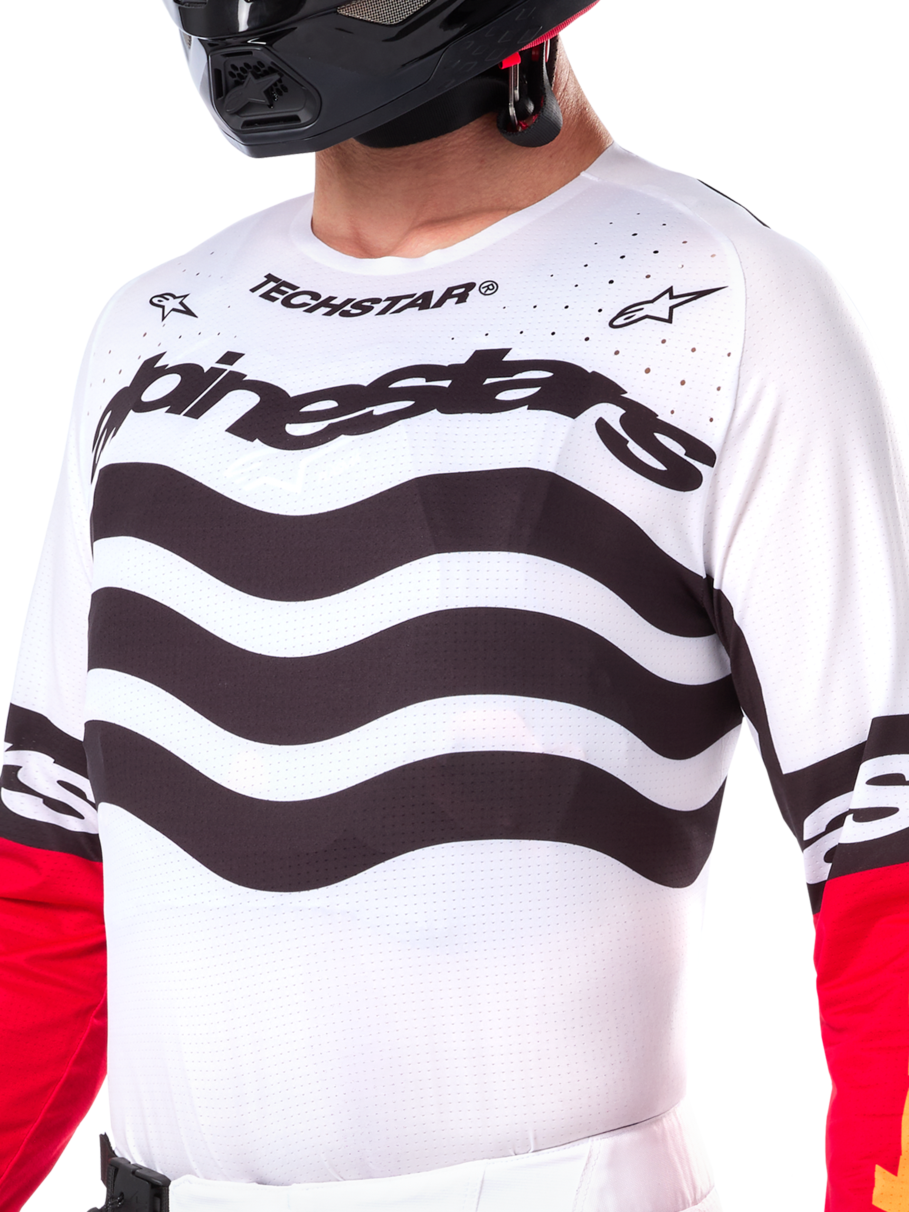 Alpinestars Limited Edition Techstar Deep Jersey, Motocross Jersey, Black White and High Red, athletic race fit with technical stretch panels, bold branding and laser-cut ventilation for off-road performance