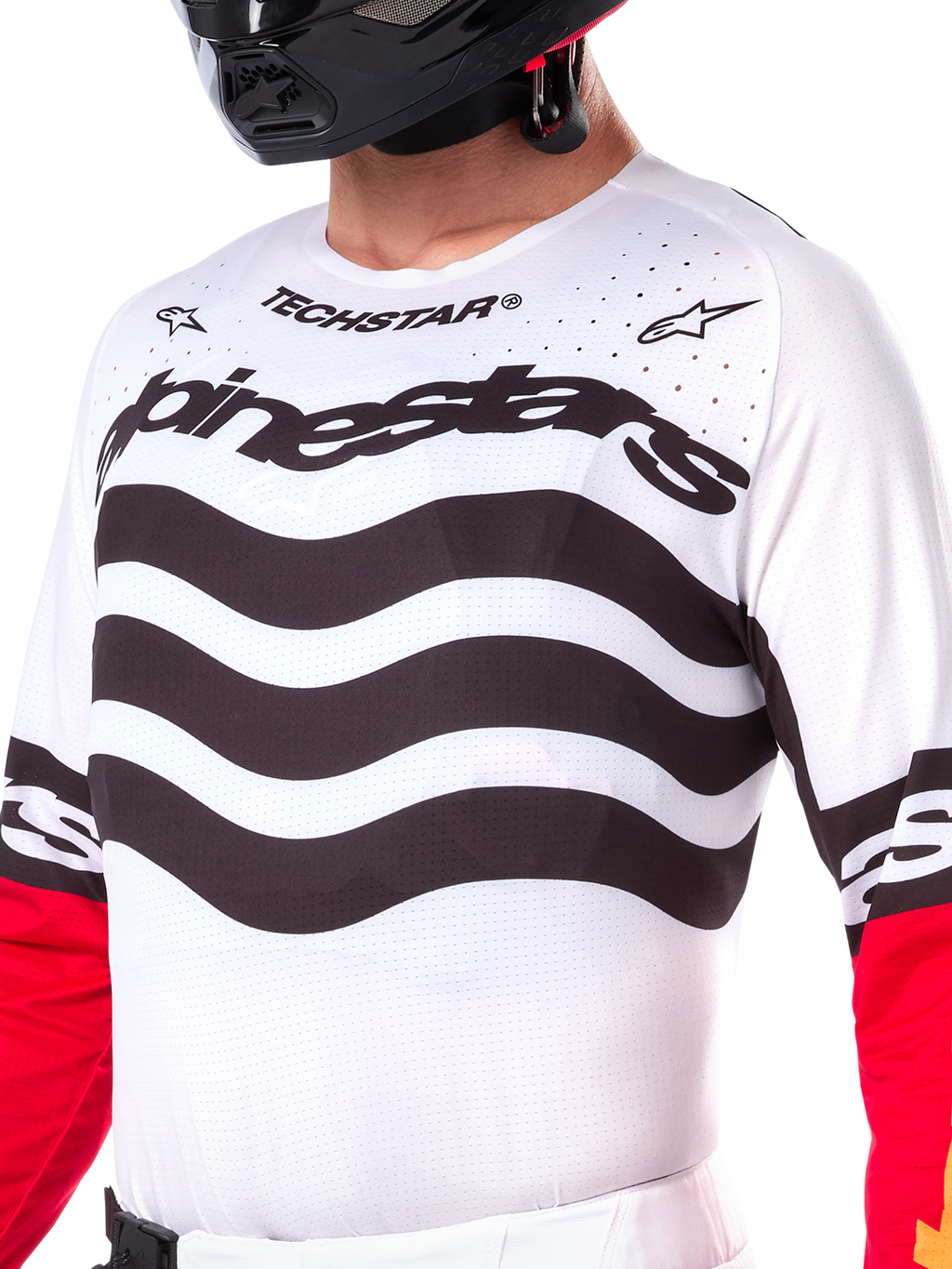 Alpinestars Limited Edition Techstar Deep Jersey, wit motorcross shirt met golvende zwarte horizontale strepen en rode mouwen, voorzien van Alpinestars- en Techstar-branding, kleine lasergesneden perforaties op de bovenborst voor ventilatie, sportieve off-road uitrusting