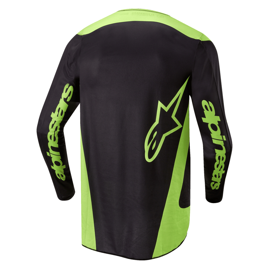 Alpinestars 2024 Fluid Lurv Jersey, motorcross shirt, zwart en geel fluo, achteraanzicht met neongele zijpanelen, een groot sterlogo op de onderrug en Alpinestars-branding op de mouwen