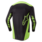 Alpinestars 2024 Fluid Lurv Jersey, motorcross shirt, zwart en geel fluo, achteraanzicht met neongele zijpanelen, een groot sterlogo op de onderrug en Alpinestars-branding op de mouwen