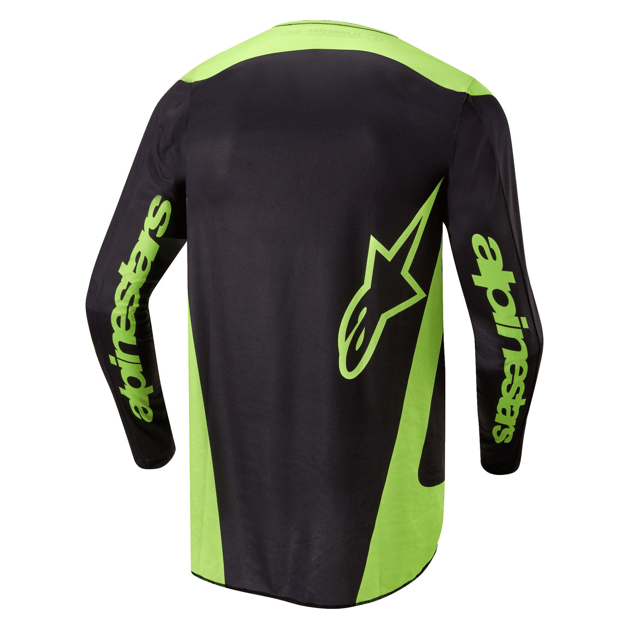 Alpinestars 2024 Fluid Lurv Jersey, motorcross shirt, zwart en geel fluo, achteraanzicht met neongele zijpanelen, een groot sterlogo op de onderrug en Alpinestars-branding op de mouwen