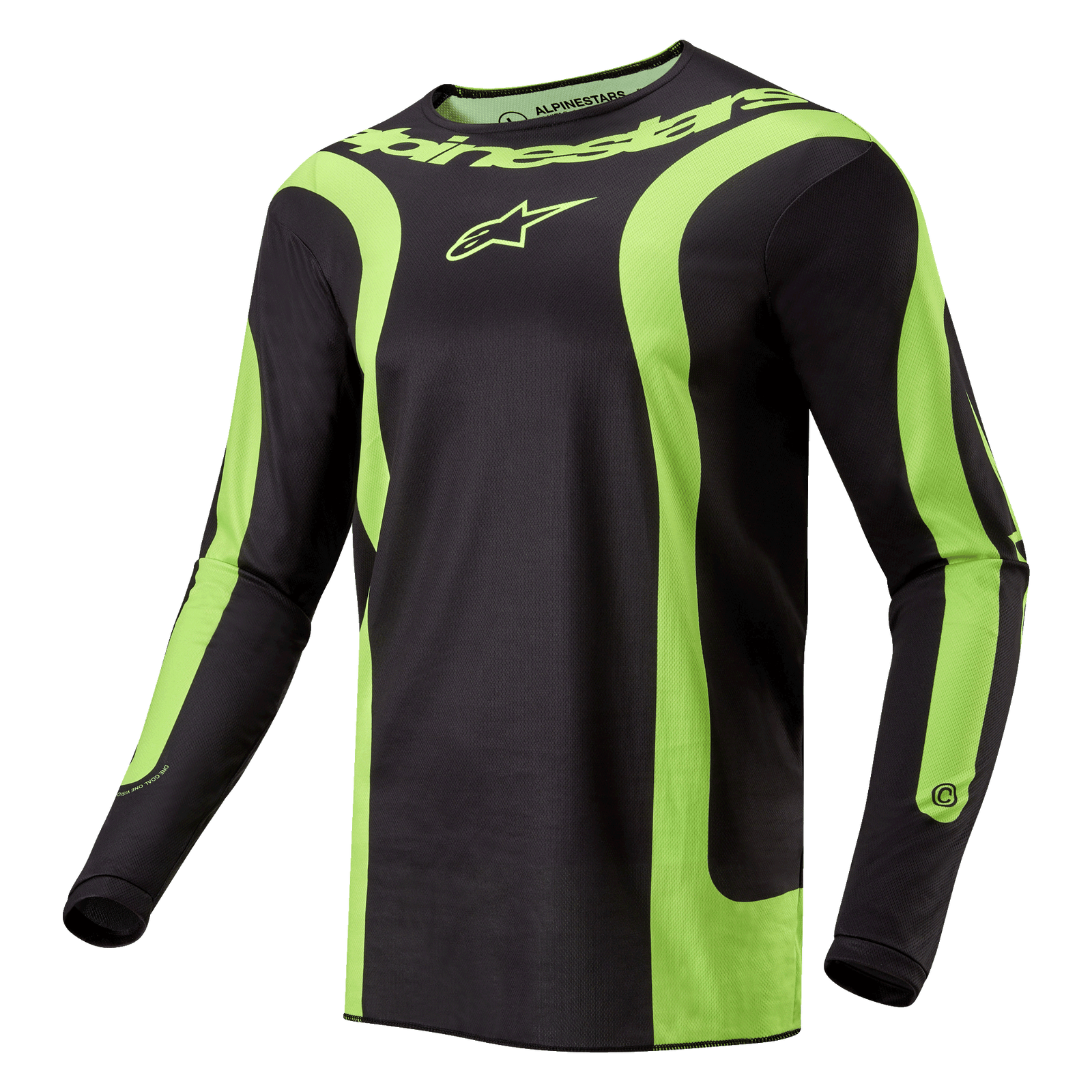 Alpinestars 2024 Fluid Lurv Jersey, motocross shirt, zwart en fluogeel, met opvallende gebogen fluogele panelen, Alpinestars-logo op de borst en woordmerk rond de kraag, sportieve pasvorm voor off-road racen