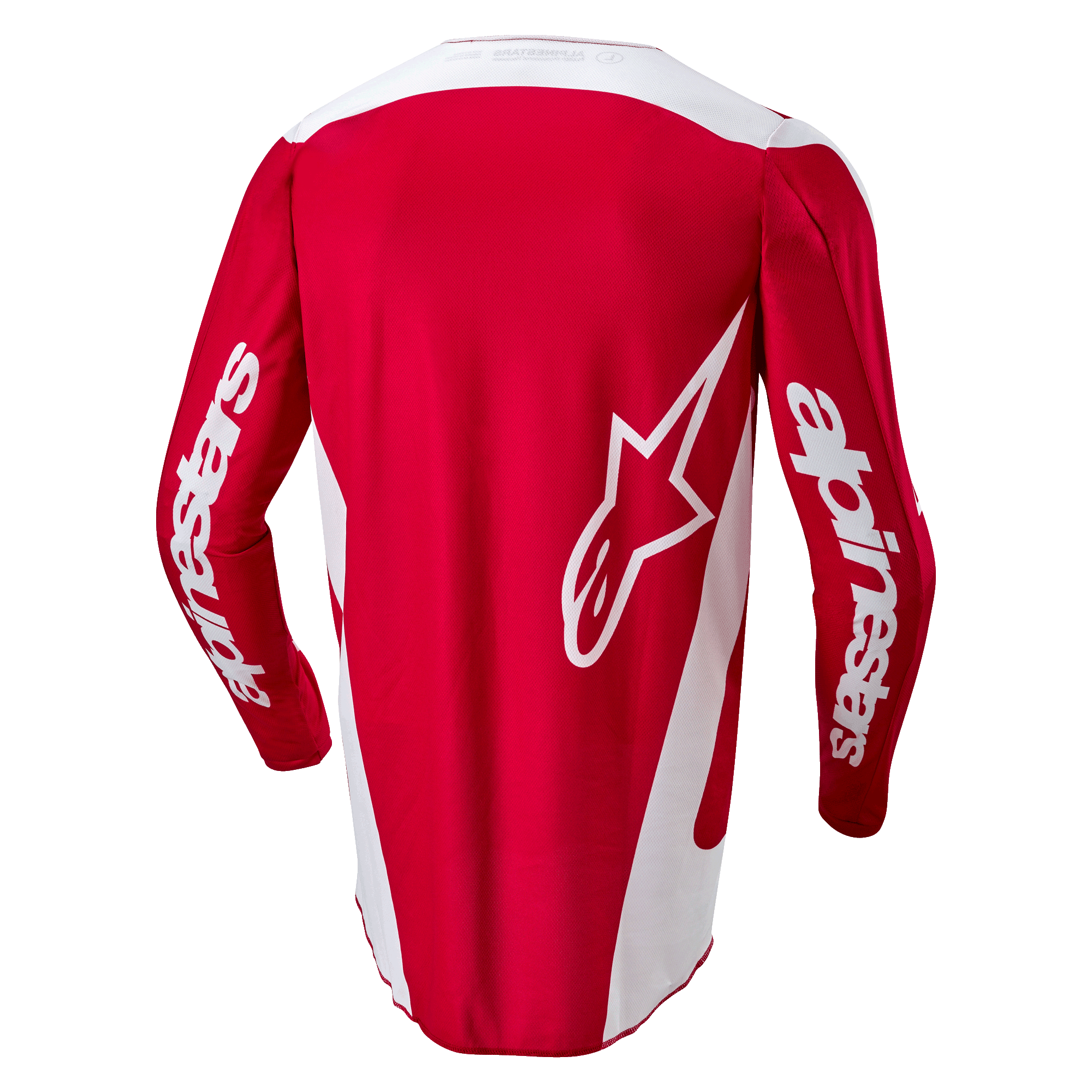 Alpinestars 2024 Fluid Lurv Jersey, motorcross shirt, Mars Red en wit, achteraanzicht met een groot wit sterlogo op de rug, witte zijpanelen en branding op de mouwen