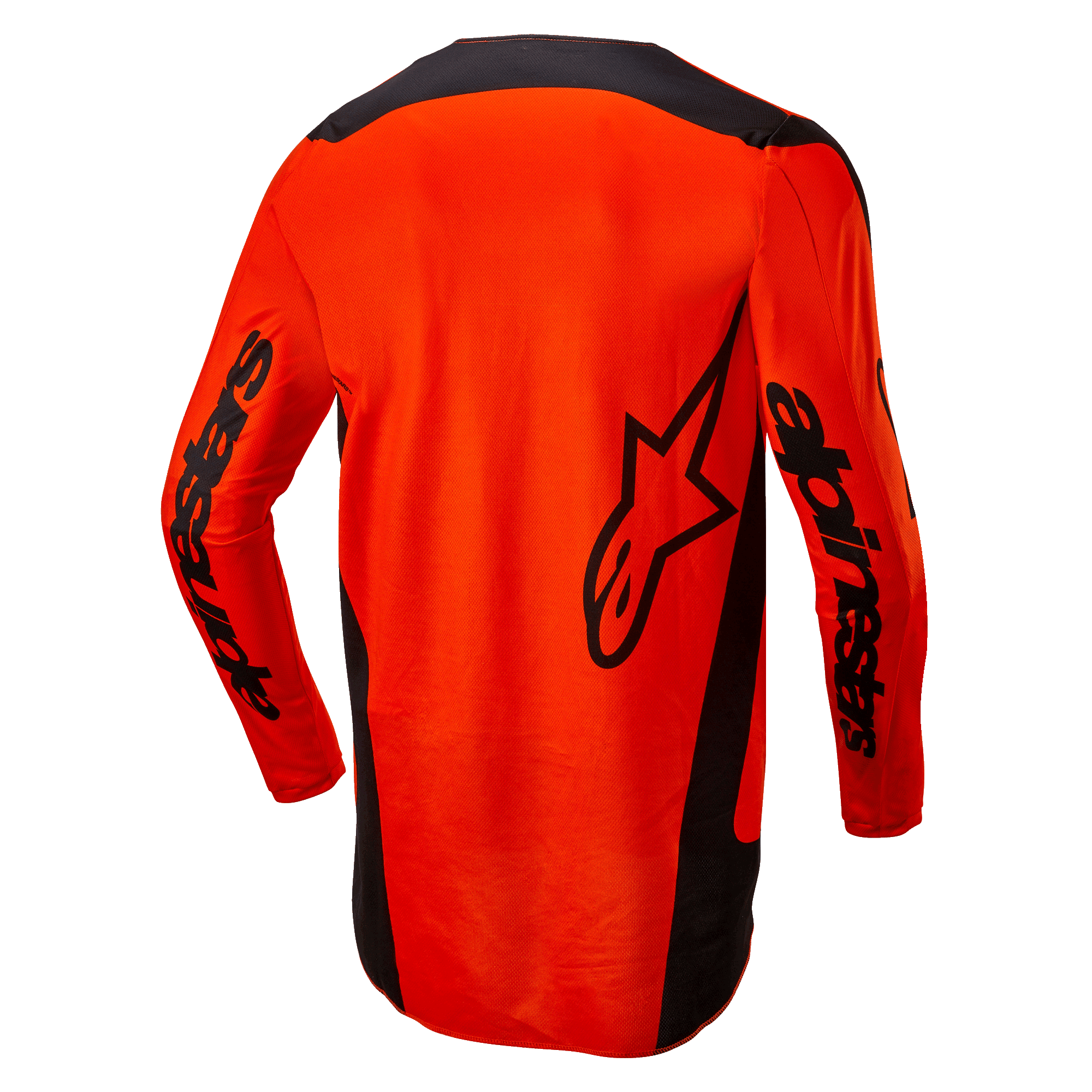 Alpinestars 2024 Fluid Lurv Jersey, motorcross shirt, fel oranje en zwart, achteraanzicht met groot zwart sterlogo en Alpinestars-branding op de mouwen, verlengde achterkant voor extra bedekking, lichtgewicht poly-stof voor off-road rijden