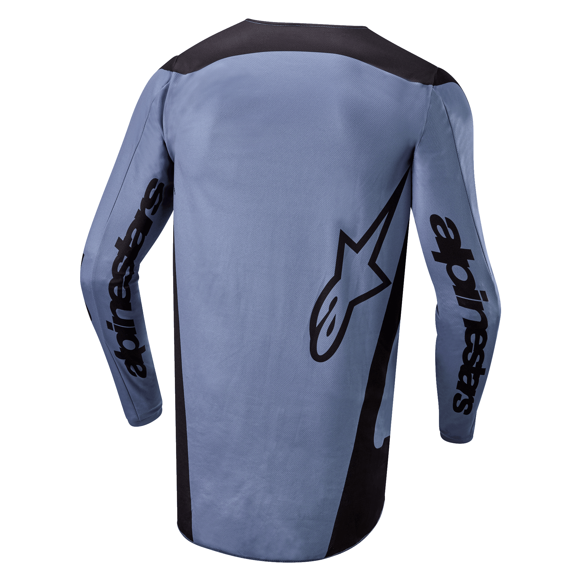 Alpinestars 2024 Fluid Lurv Jersey, motocross shirt, lichtblauw en zwart, achteraanzicht met Alpinestars-branding op de mouwen en sterlogo op de rug, verlengde achterzoom, ademende prestatiestof voor off-road racing