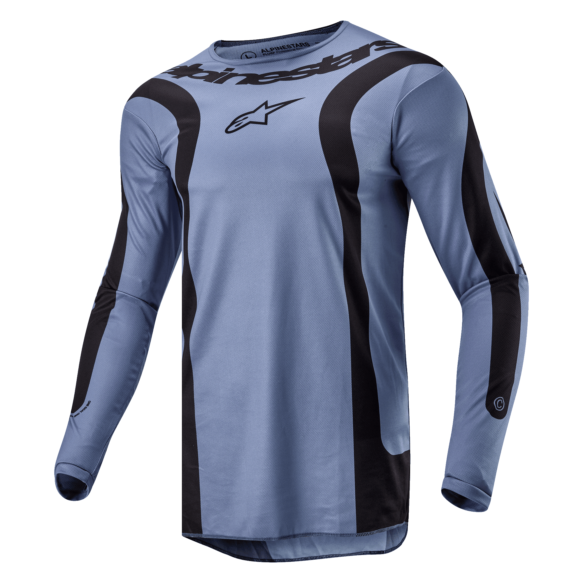 Alpinestars 2024 Fluid Lurv Jersey, motorcross shirt, lichtblauw en zwart, met opvallende gebogen zwarte graphics op de voorzijde en mouwen, centraal Alpinestars-logo op de borst, vervaardigd uit hoogwaardig poly-materiaal met een sportkraag.