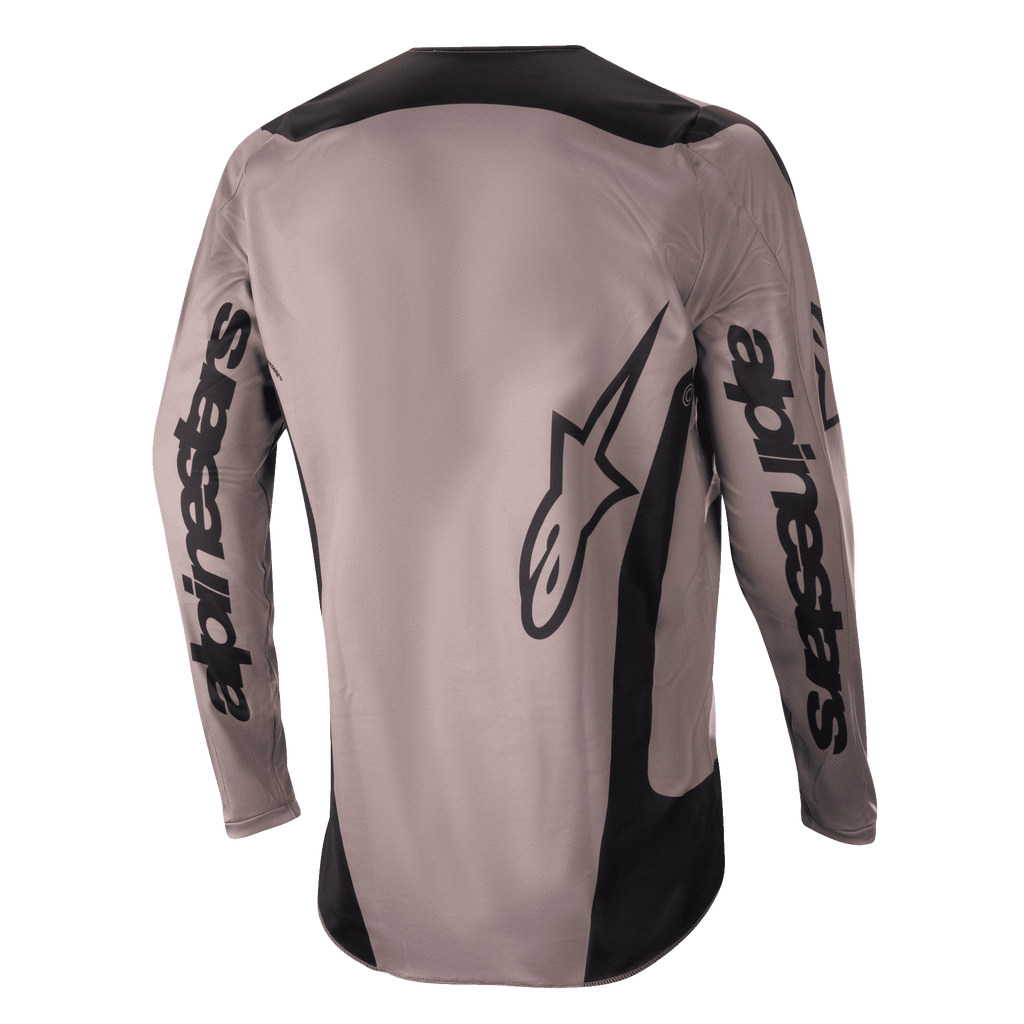 Alpinestars 2024 Fluid Lurv Jersey, motorcross shirt, Mud Black, achterkant met grote Alpinestars-branding op de mouwen en onderrug, zwarte panelen op de schouders en zijkanten, performance off-road motorkleding