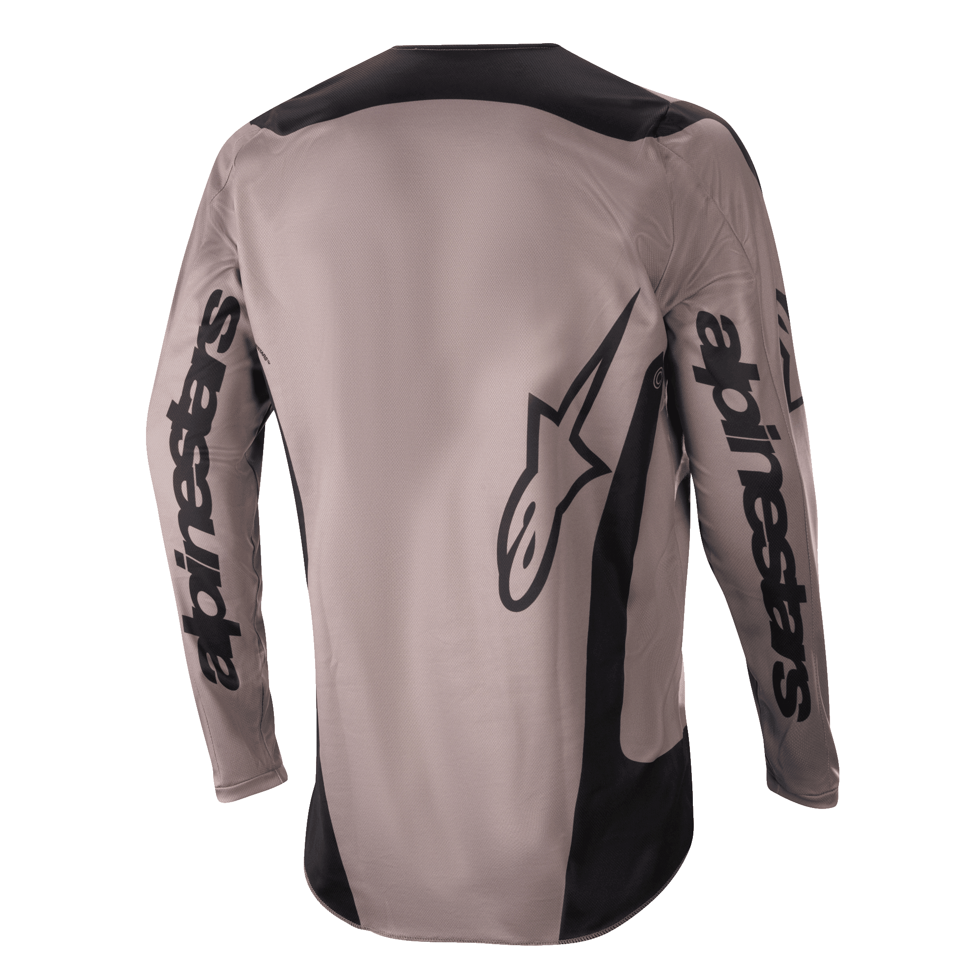 Alpinestars 2024 Fluid Lurv Jersey, motorcross shirt, Mud Black, achterkant met grote Alpinestars-branding op de mouwen en onderrug, zwarte panelen op de schouders en zijkanten, performance off-road motorkleding