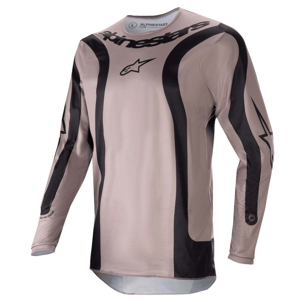 Alpinestars 2024 Fluid Lurv Jersey, motorcross shirt, Mud Black, met zwarte gebogen grafische panelen en centraal Alpinestars-logo op de borst, lichtgewicht ademende poly-stof voor off-road raceprestaties