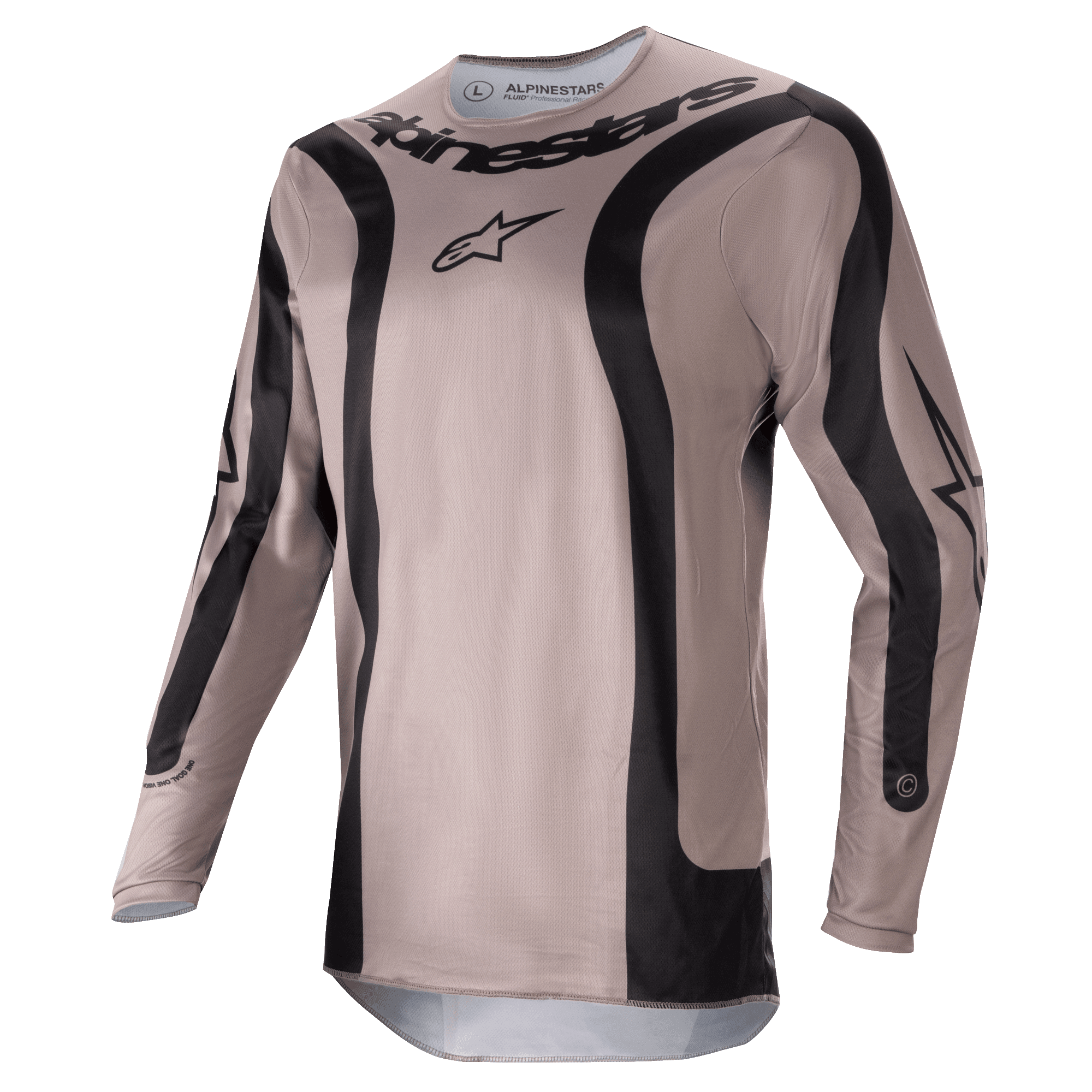 Alpinestars 2024 Fluid Lurv Jersey, motorcross shirt, Mud Black, met zwarte gebogen grafische panelen en centraal Alpinestars-logo op de borst, lichtgewicht ademende poly-stof voor off-road raceprestaties