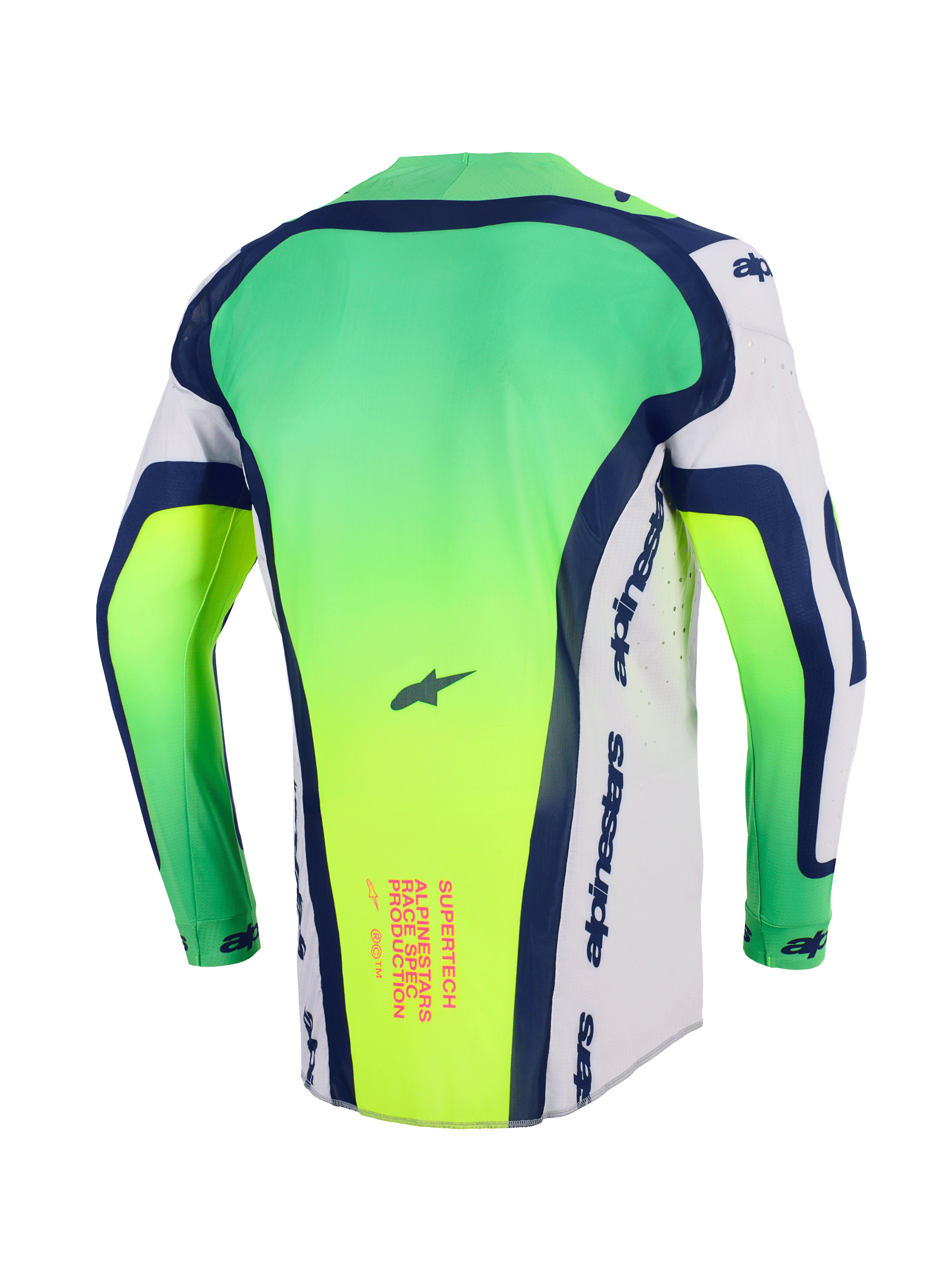 Alpinestars 2026 Supertech Vista Jersey, Motocross Jersey, Neon Green, White and Navy Blue, back view showing extended rear tail, laser-cut perforations on sides, pink text graphic on lower back, professional lightweight racing gear