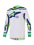 Alpinestars 2026 Supertech Vista Jersey, Motocross Jersey, Light Gray with Blue and Yellow Fluo, featuring large Alpinestars chest logo, laser-cut ventilation holes, and seamless construction for off-road racing
