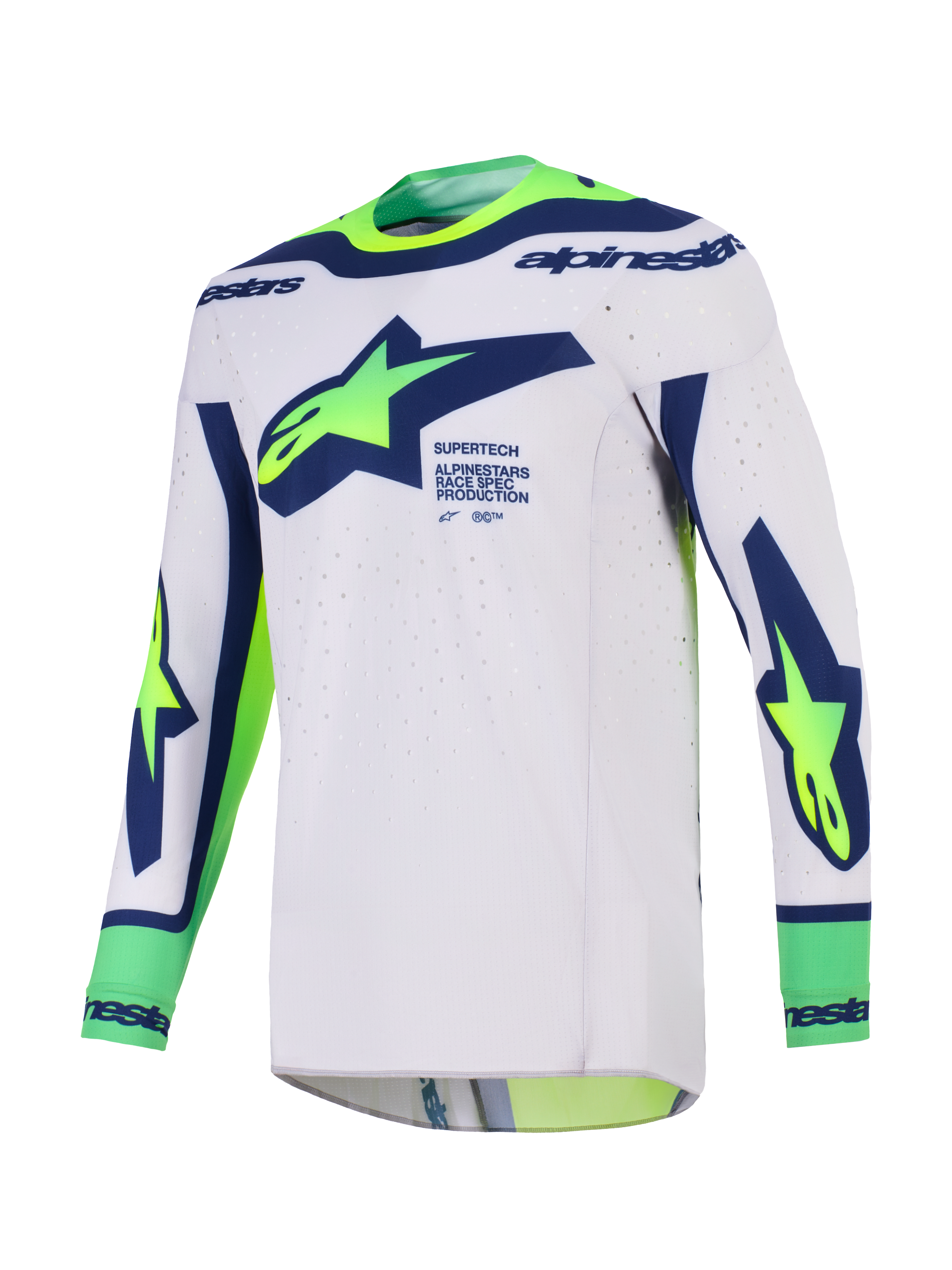 Alpinestars 2026 Supertech Vista Jersey, Motocross Jersey, Light Gray with Blue and Yellow Fluo, featuring large Alpinestars chest logo, laser-cut ventilation holes, and seamless construction for off-road racing