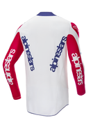 Alpinestars Limited Edition Techstar Fortitude Jersey, motorcross shirt, felrood, wit en blauw, achteraanzicht met verticale blauwe branding op een witte rug en rode mouwen, prestatiegerichte race-geïnspireerde pasvorm voor motorcross