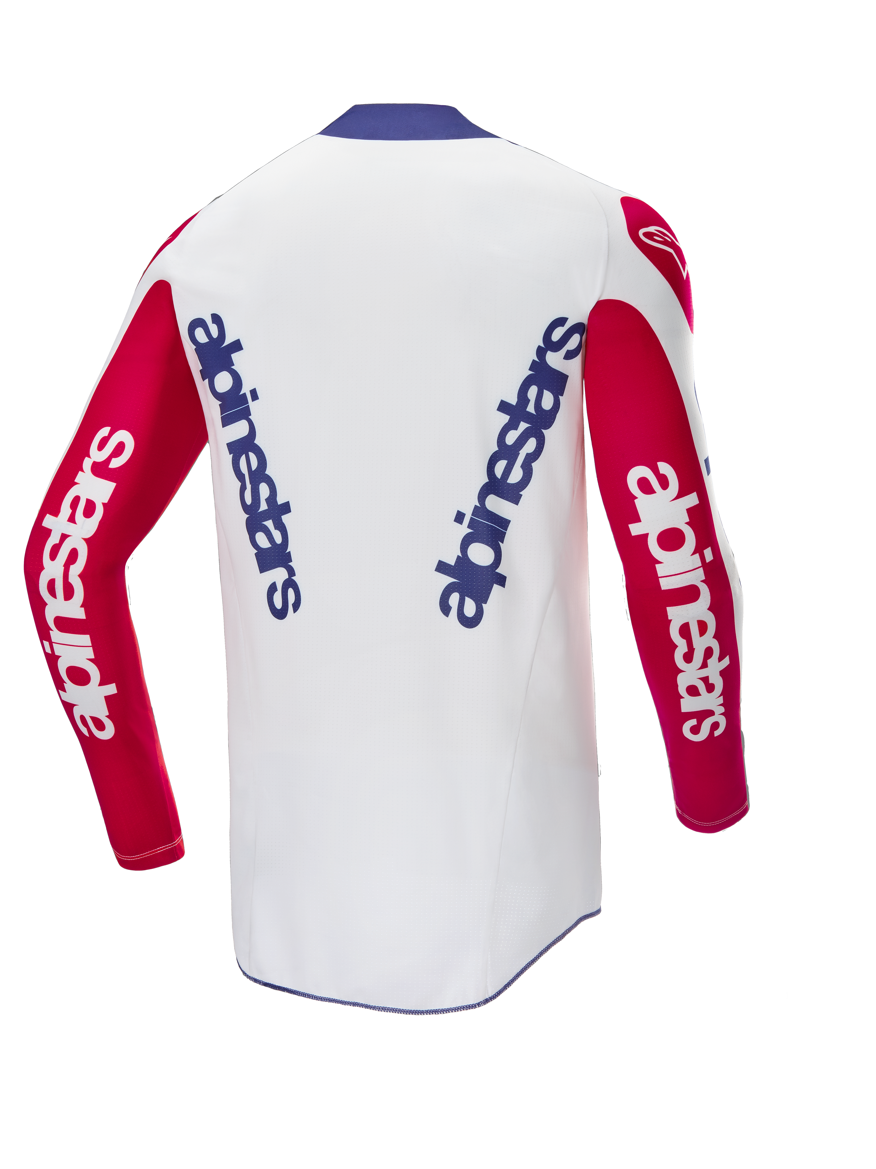 Alpinestars Limited Edition Techstar Fortitude Jersey, achteraanzicht, motocross jersey, wit met rode mouwen en blauwe kraag, voorzien van blauwe en witte Alpinestars logo's, hoogwaardige race-uitrusting