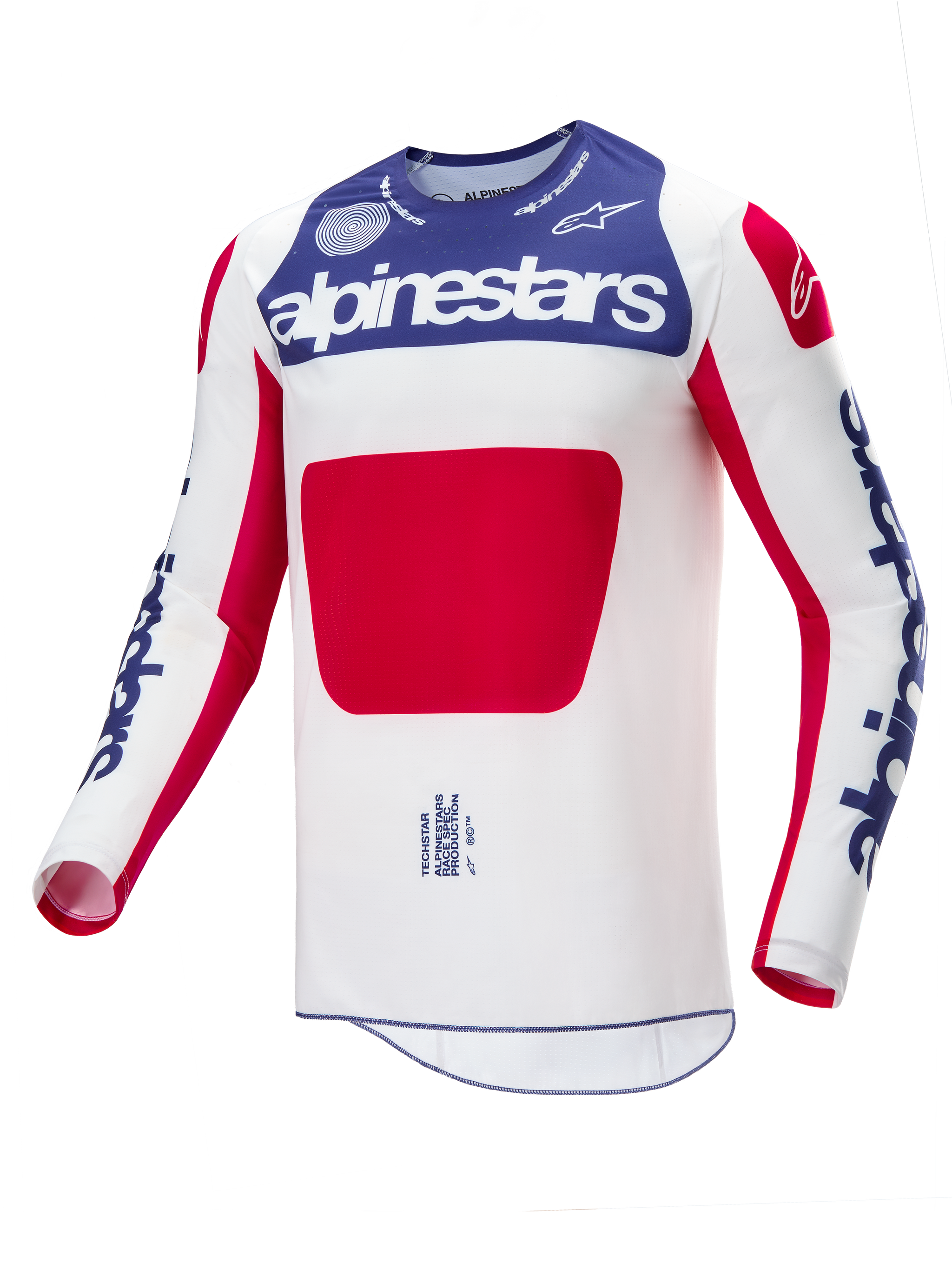 Alpinestars Limited Edition Techstar Fortitude Jersey, Motocross Jersey, Red White and Blue, featuring a white body with a large red center panel, blue chest section with white Alpinestars branding, and blue logos on sleeves, designed for off-road racing performance