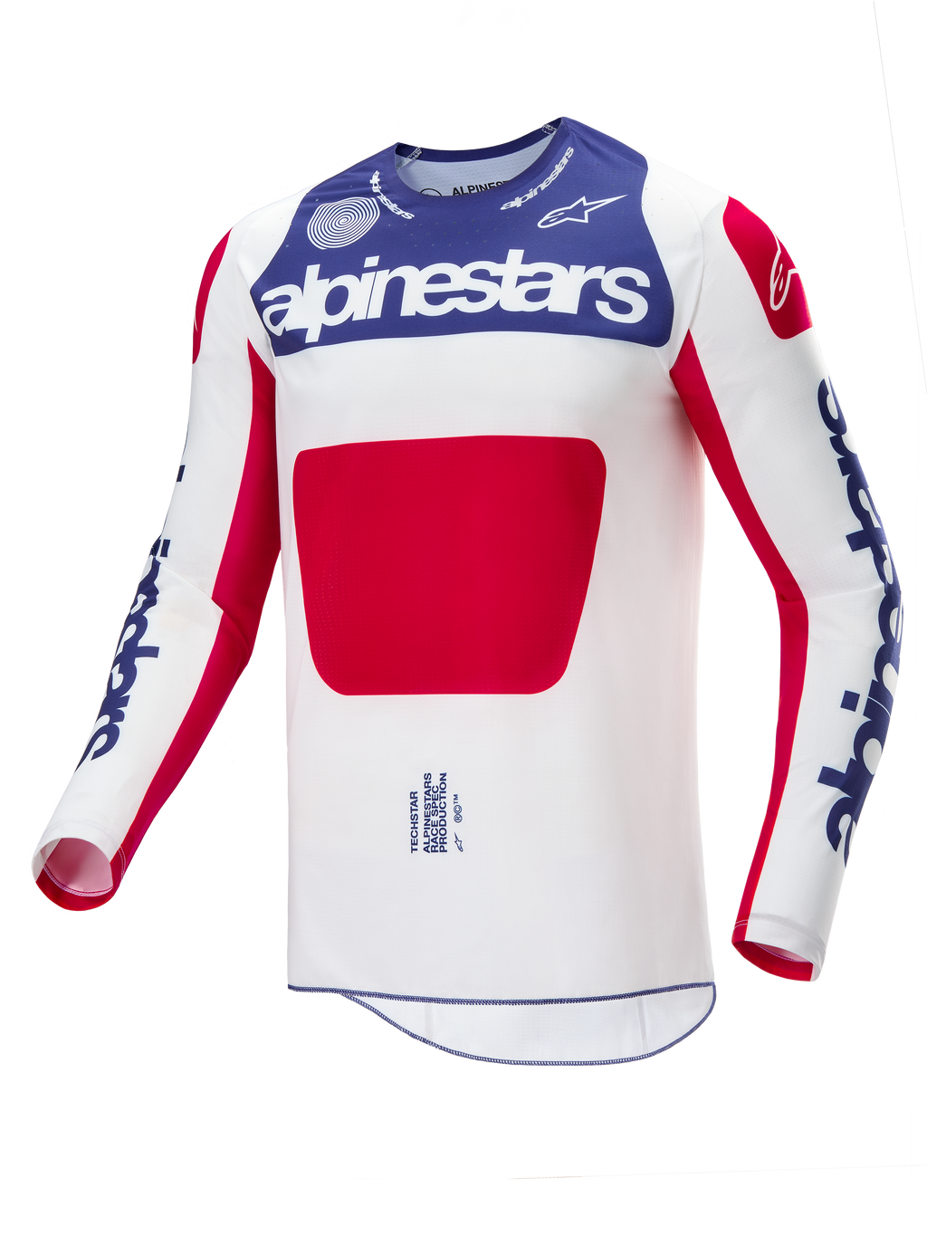 Alpinestars Limited Edition Techstar Fortitude Jersey, motocross shirt, rood, wit en blauw, witte romp met blauw borstpaneel en rode graphic, blauwe Alpinestars-logo's op de mouwen, atletische racepasvorm