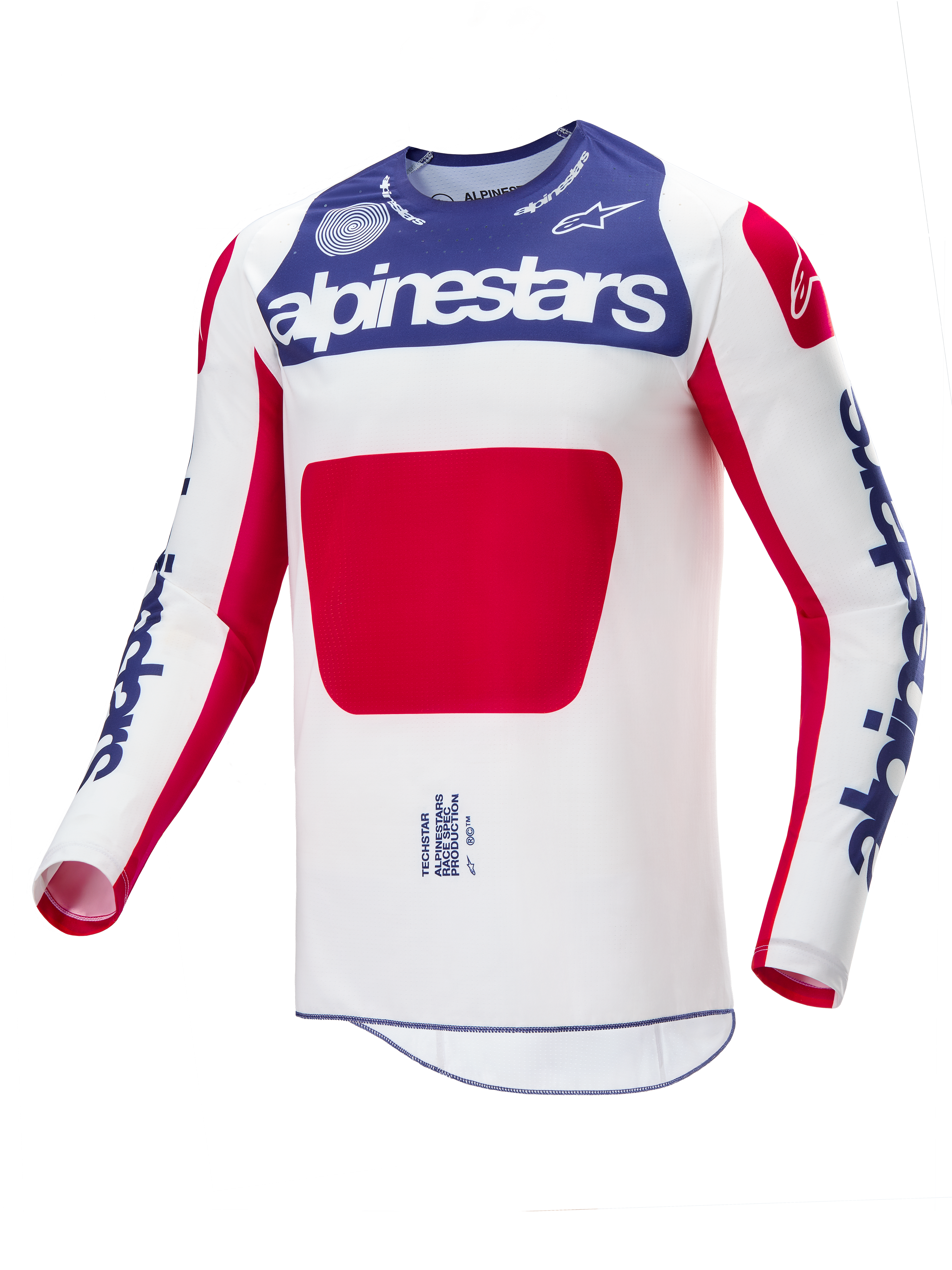 Alpinestars Limited Edition Techstar Fortitude Jersey, motocross shirt, rood, wit en blauw, witte romp met blauw borstpaneel en rode graphic, blauwe Alpinestars-logo's op de mouwen, atletische racepasvorm