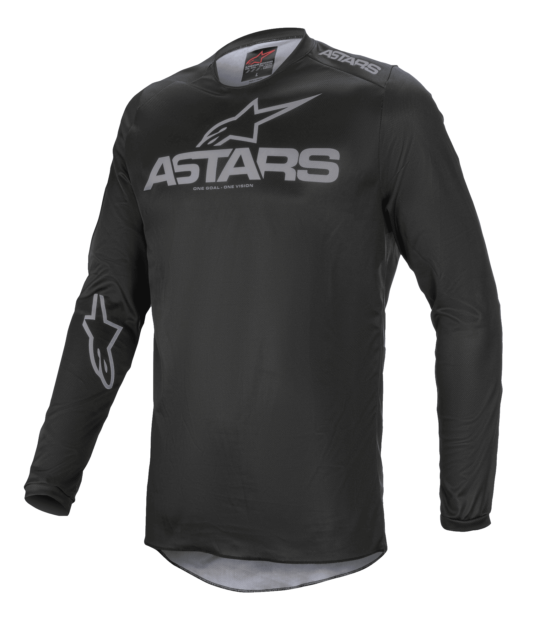 Alpinestars Fluid Graphite Jersey, motorcross jersey, zwart en donkergrijs, met grijs ASTARS-logo op de borst en schouder, sterlogo op de mouw, technische mesh-constructie met lange mouwen voor off-road racing