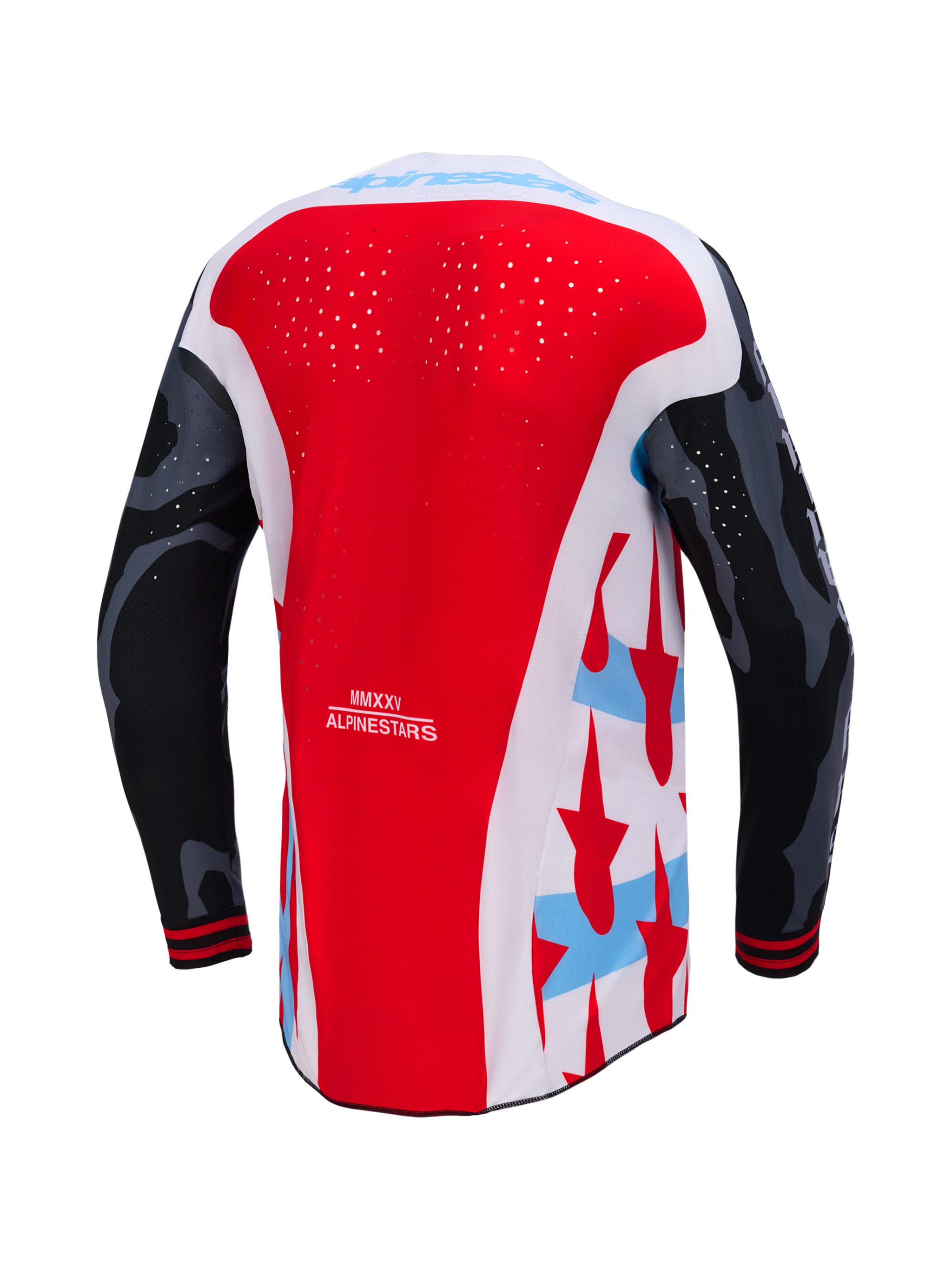 Techstar Beast Coast Beperkte Oplage Jersey, achterzijde in rood en wit met camo mouwen en lasergesneden perforaties.
