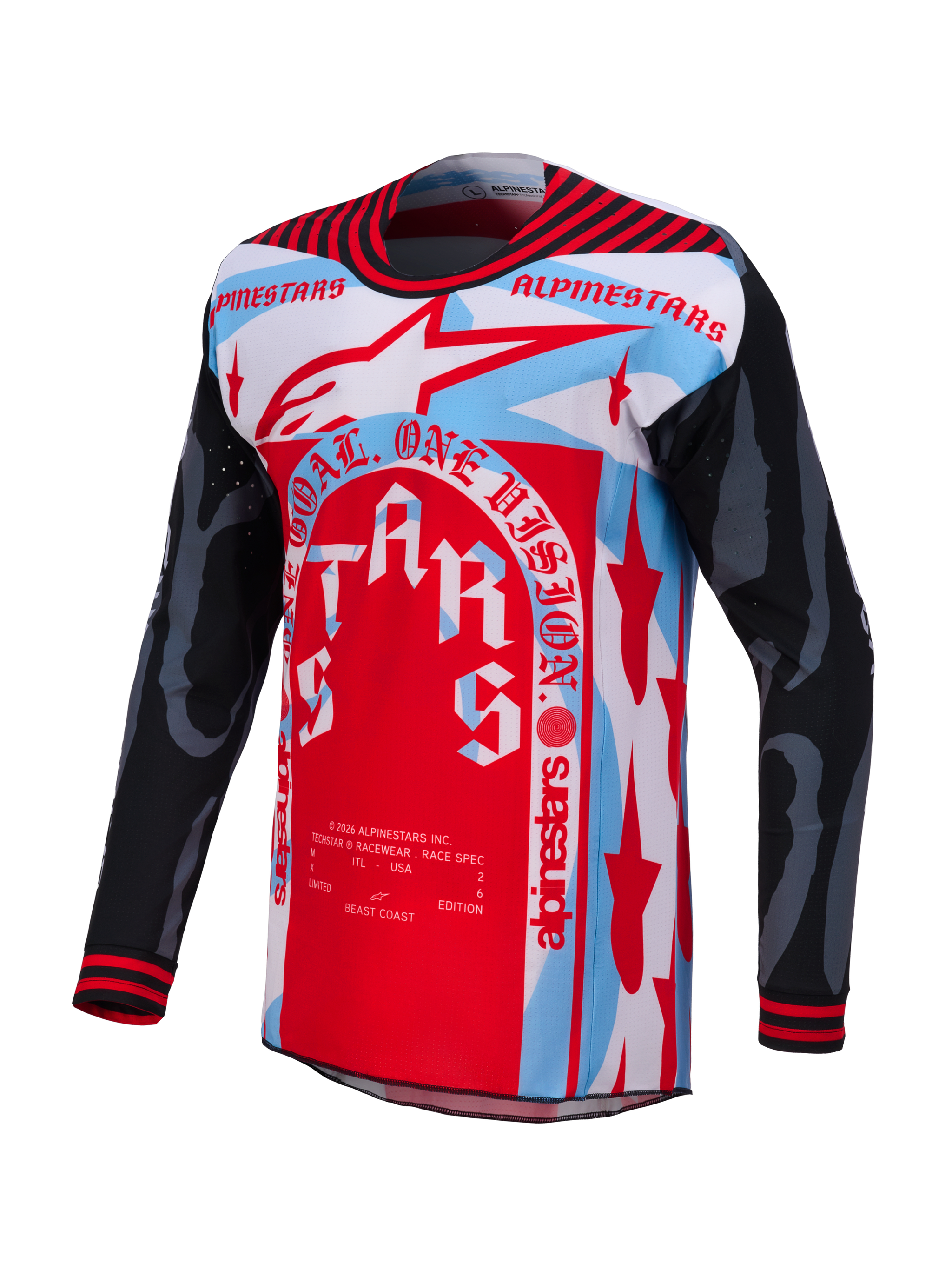 Techstar Beast Coast Beperkte Oplage Jersey, rood, wit en lichtblauw, technisch crossshirt met atletische racepasvorm.
