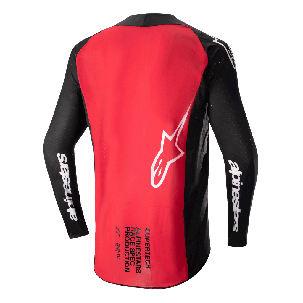 Alpinestars 2024 Supertech Ward Jersey, motorcross shirt, zwart en Red Berry, achteraanzicht met een groot rood rugpaneel, zwarte mesh mouwen met witte Alpinestars-branding, wit sterlogo en Supertech Race Spec-tekst op de onderrug.