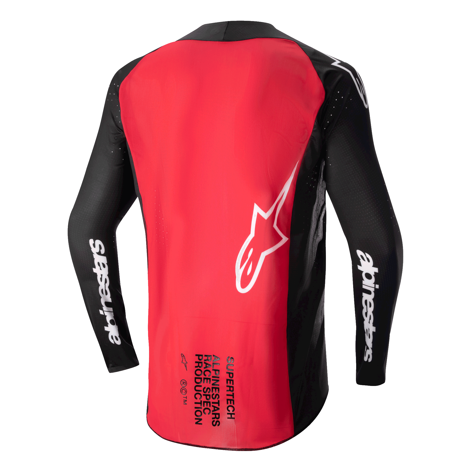 Alpinestars 2024 Supertech Ward Jersey, motorcross shirt, zwart en Red Berry, achteraanzicht met een groot rood rugpaneel, zwarte mesh mouwen met witte Alpinestars-branding, wit sterlogo en Supertech Race Spec-tekst op de onderrug.