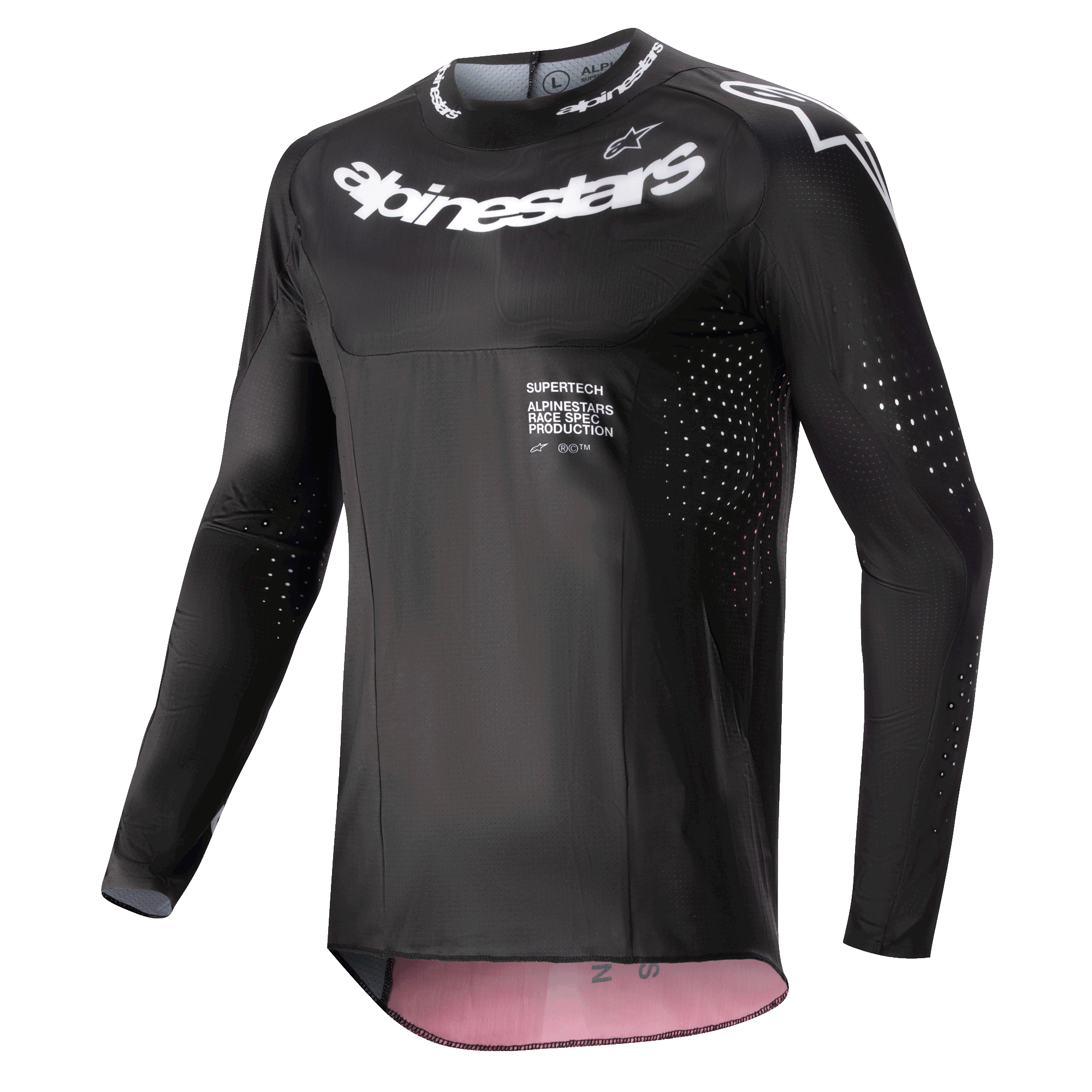 Alpinestars 2024 Supertech Ward Jersey, motocross shirt, zwart met Red Berry, witte Alpinestars-logo's op de borst en kraag, lasergesneden ventilatieperforaties op de mouwen en zijkanten, sportieve race-pasvorm met Red Berry-accenten aan de binnenzijde
