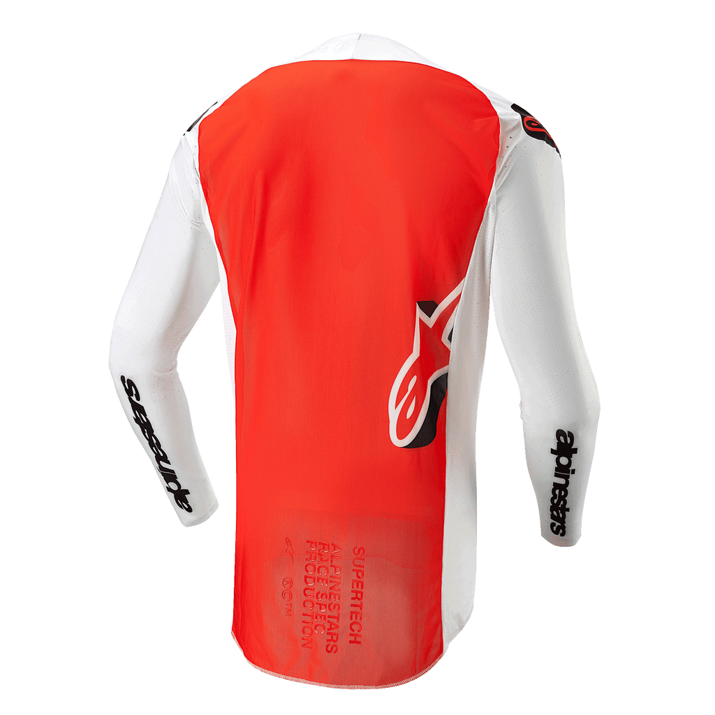 Alpinestars 2024 Supertech Ward Jersey, achteraanzicht, White Hot Orange, met een groot opvallend oranje middenpaneel, witte mouwen en zijpanelen met zwarte Alpinestars-branding en Astar-logo op de onderrug, professionele mesh-constructie voor motorcross.