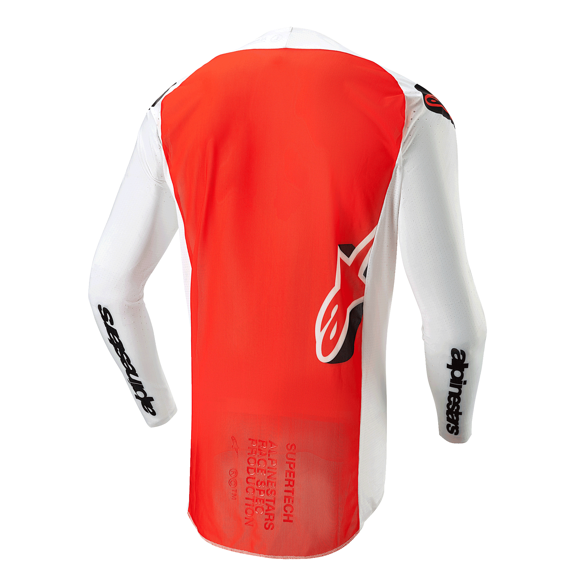 Alpinestars 2024 Supertech Ward Jersey, achteraanzicht, White Hot Orange, met een groot opvallend oranje middenpaneel, witte mouwen en zijpanelen met zwarte Alpinestars-branding en Astar-logo op de onderrug, professionele mesh-constructie voor motorcross.