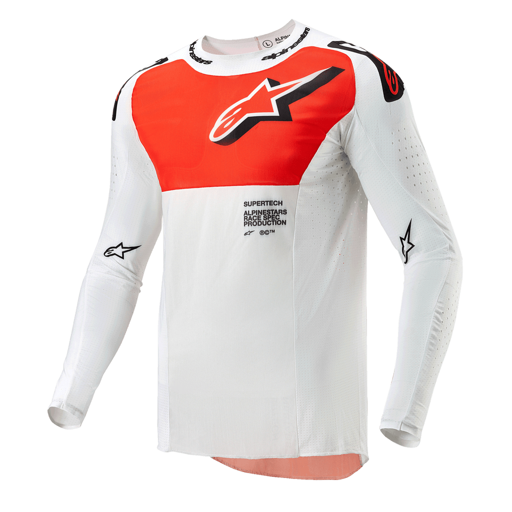 Alpinestars 2024 Supertech Ward Jersey, motorcross jersey, wit en feloranje, technisch shirt met lange mouwen met een grote oranje graphic op de borst, sterlogo en ademende geperforeerde constructie voor off-road racen.