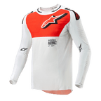 Alpinestars 2024 Supertech Ward Jersey, motorcross jersey, wit en feloranje, technisch shirt met lange mouwen met een grote oranje graphic op de borst, sterlogo en ademende geperforeerde constructie voor off-road racen.